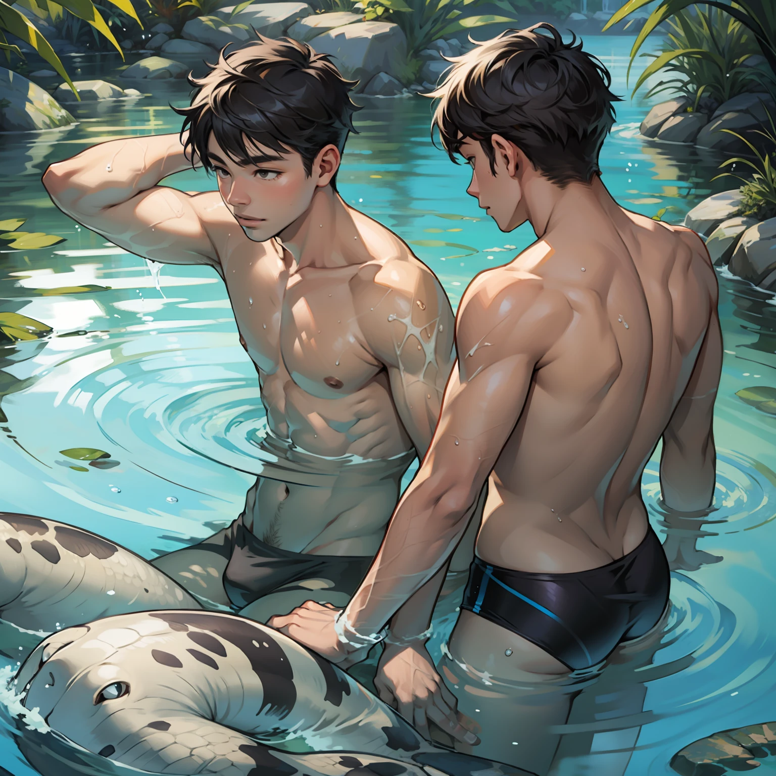 Two boys swimming together,Spring water,Raised sexy