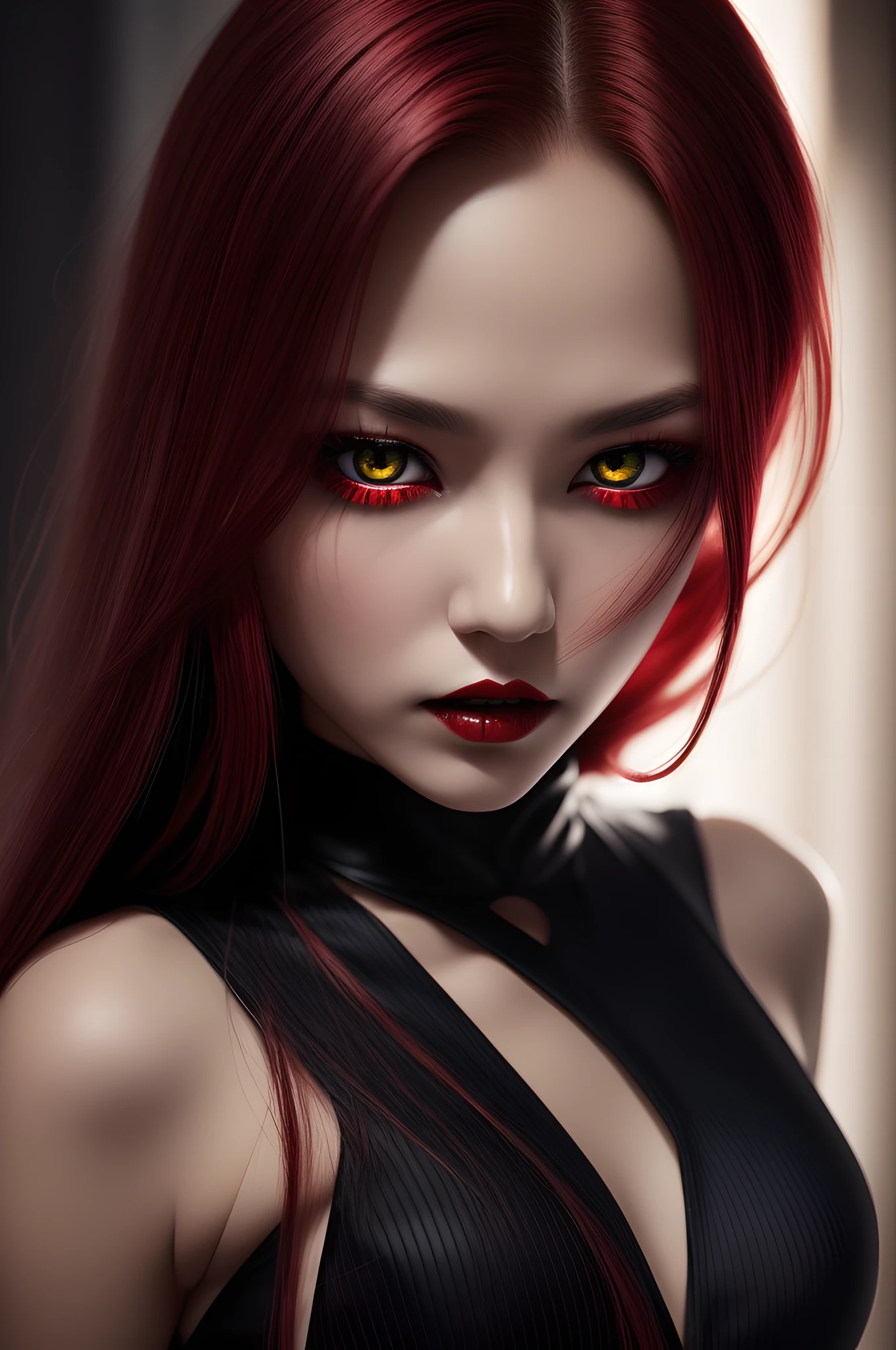 (Vampire、(Fair skin)、long red hair、Jet black dress、eyes glowing red、red pupils、Golden Eyes、ruthless look、The smell of blood、Beautiful figure、Perfect Style、Dark、rays of moonlight)