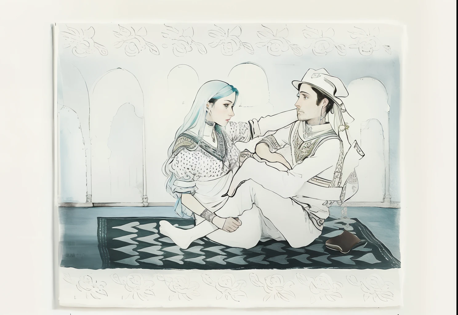 There is a painting,A woman and a man sit on a carpet, Color effects