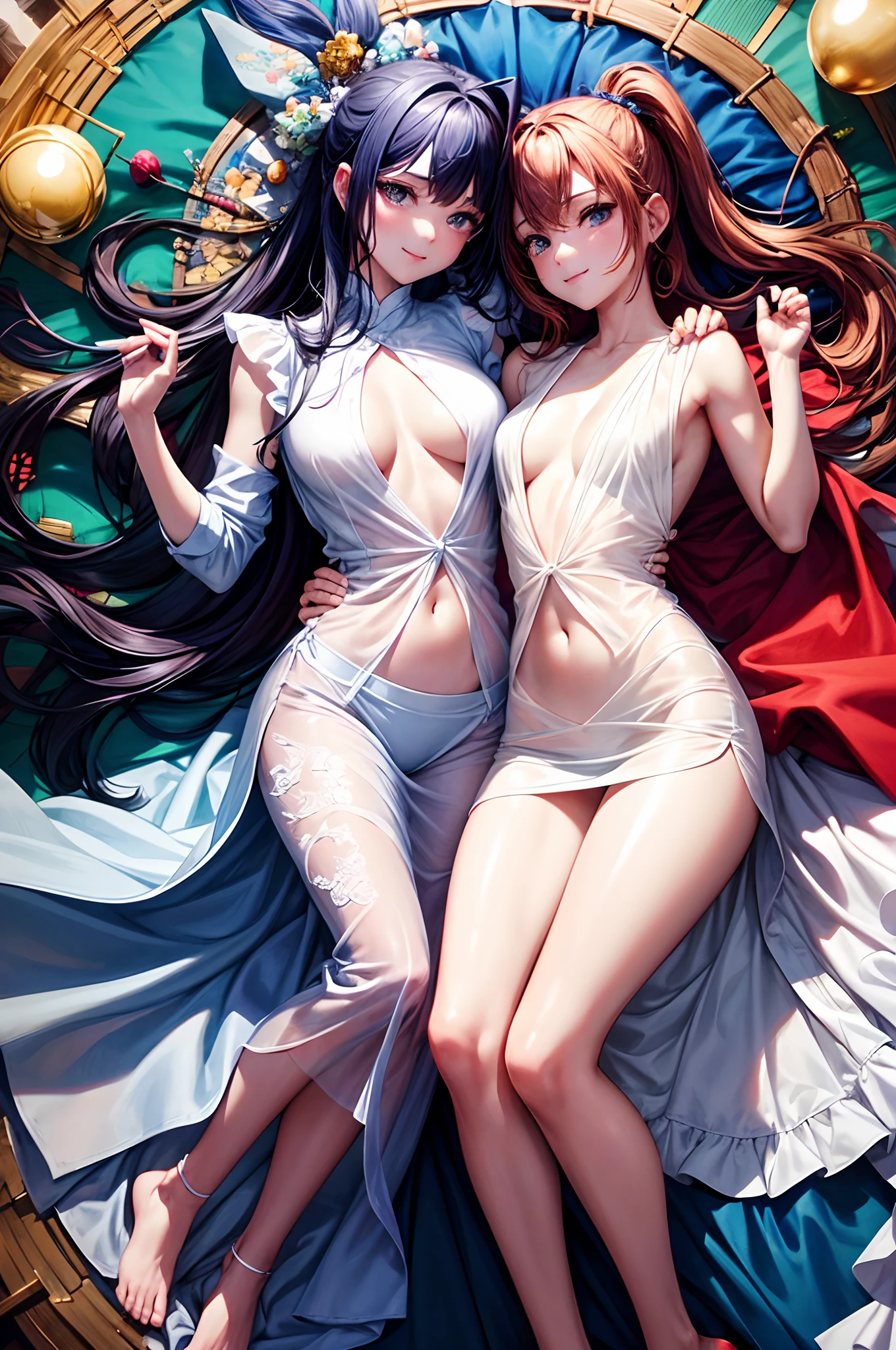 two beauties touching each other, (Transparent shirt: 1.2), (Open shirt), Light clothes, Sleeveless, Two women posing for a photo on bed, Surreal full-body figure, Beautiful and detailed body and face, gorgeous figure, pony tails, Clear, Smile, Moaning, Tease, Surreal full body body, Beautiful and detailed body and face, Extra-long viewing angle, Fair skin, Bright colors, Asian, There is almost nothing in the clothes, Blurry,