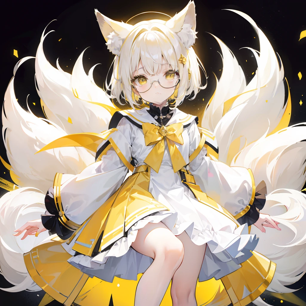 short detailed hair，Fluffy light orange，Wear a white and orange fluffy skirt，It has orange fox ears，Black extra-thick-rimmed glasses，Wearing knee-length white silk，panties visible,  This is a cute li girl