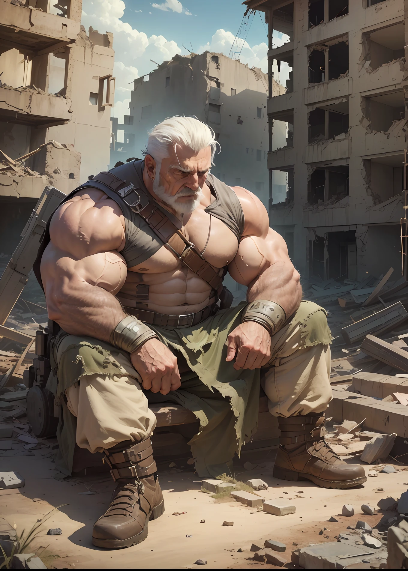 Enorme pec, pec musculoso, huge pec muscle, Gigachade Muscular, musculoso!!, caracteres musculosoes, musculoso e descolante, Gigante e gordo, as a titan, musculoso!! scientific fiction, massive muscles, forte e imponente, armas grandes extremamente detalhadas, Rosto detalhado, detailed musclea, (ver corpo inteiro), ((1 homem)), (objeto (great muscular soldier old man sitting resting in the ruins of the building)), The old man is a soldier and wears a soldier's uniform, old man (facial hair, Frisado, barba branca, Battel Scar Face, short hair, cabelos brancos, Strong character, strong muscle), (Background Story ((Terra do Waster, post-apocalypse, Cidade arruinada))), (fotografia (Lente 50mm, cinemactic, cinematic color))
