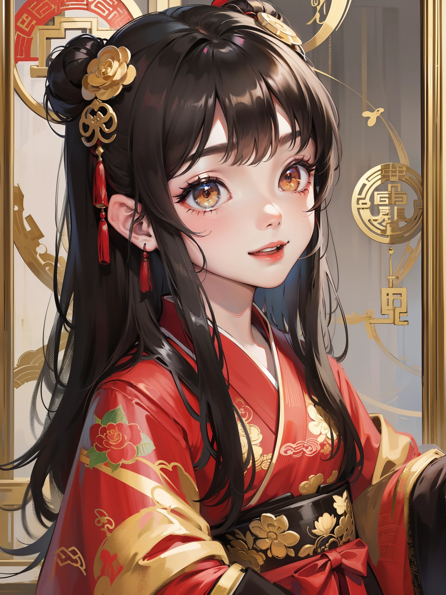 masterpiece, best quality, married woman, aldult, Chinese style, China, elder sister, Smile, hairpin,brown hair, princess cut,Full of motherhood,China传统服饰,purely,blush,Dignified yet lively,Mother,Put your hands on your belly,thin lips,Mature,Three trimesters of pregnancy,Exquisite