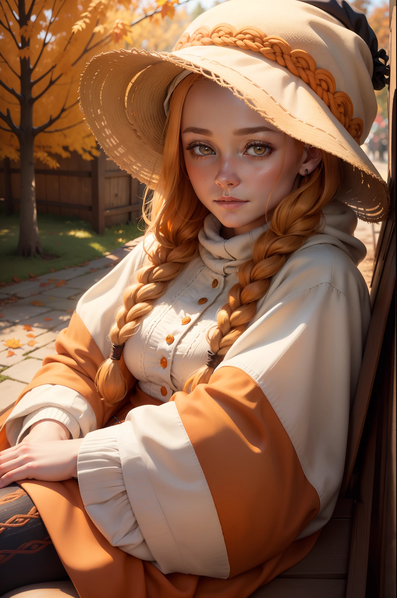 A woman with white braids peeking out from under her orange wool hat sat on a low painted bench, photorealistic, 8k, close up, close portrait, autumn season, warm colours