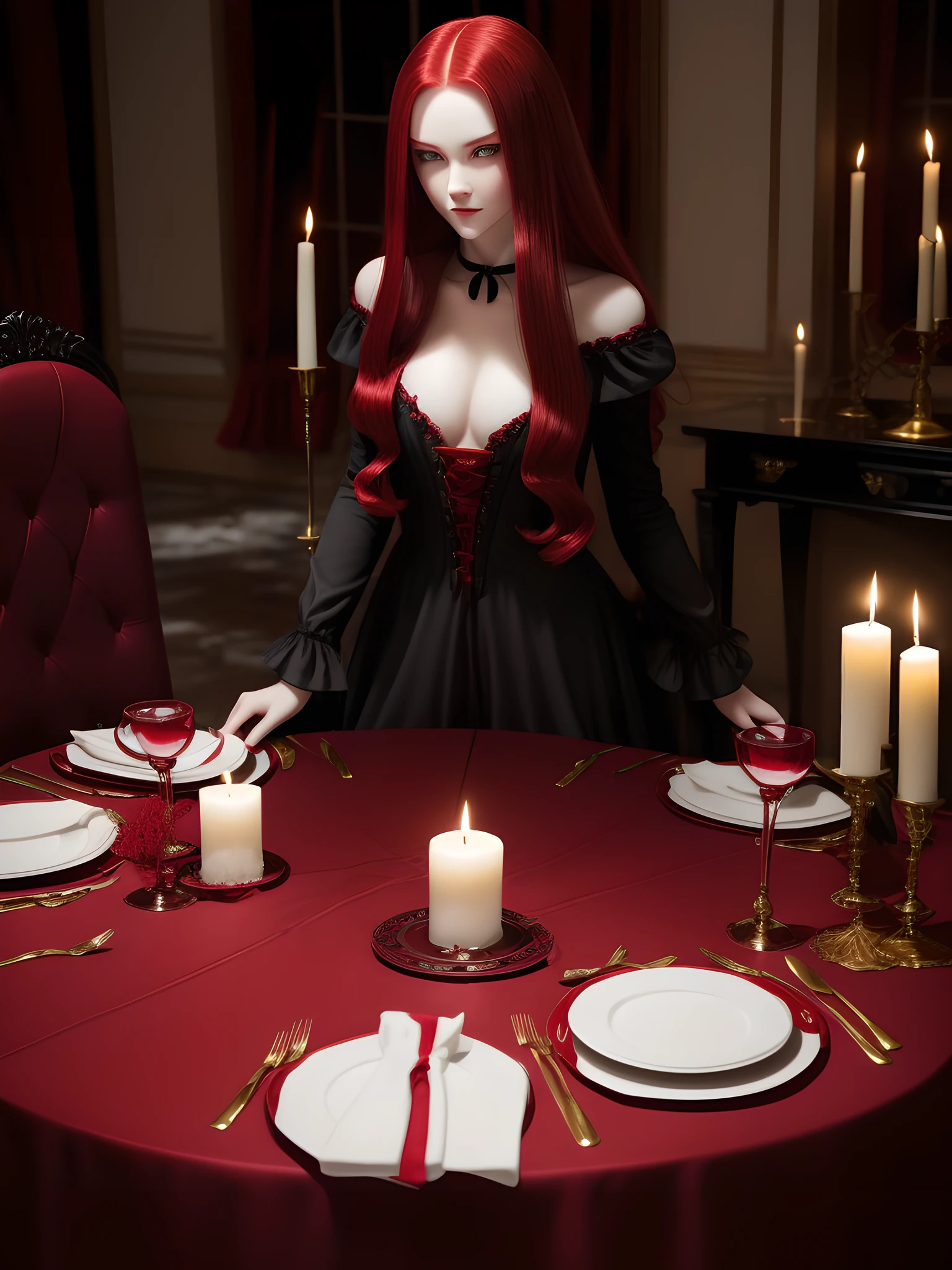 (Vampire、(Fair skin)、(Snow-white skin)、long red hair、Jet black dress、eyes glowing red、red pupils、Golden Eyes、ruthless look、The smell of blood、Beautiful figure、Perfect Style、Skinny Legs)、dinner party、Candle lighting、Long Table、White tablecloth、Tableware placed on the table、A deplorable sight