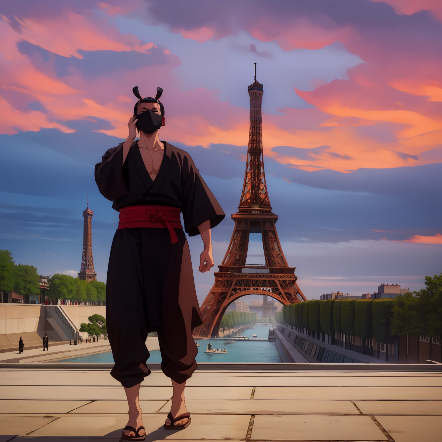 A samurai near Eiffel tower, covered his face