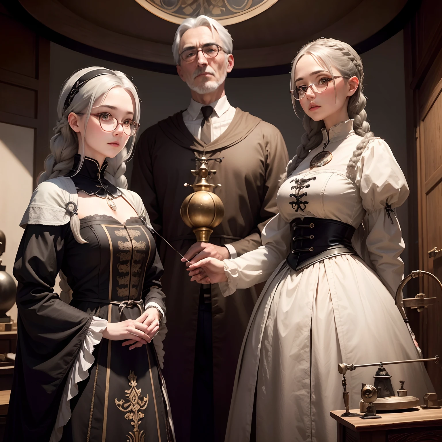 Dr. Gray Hair. Braid Assistant、Dark-haired woman with round glasses、Medieval Europe、marionette、moderno、Automata、