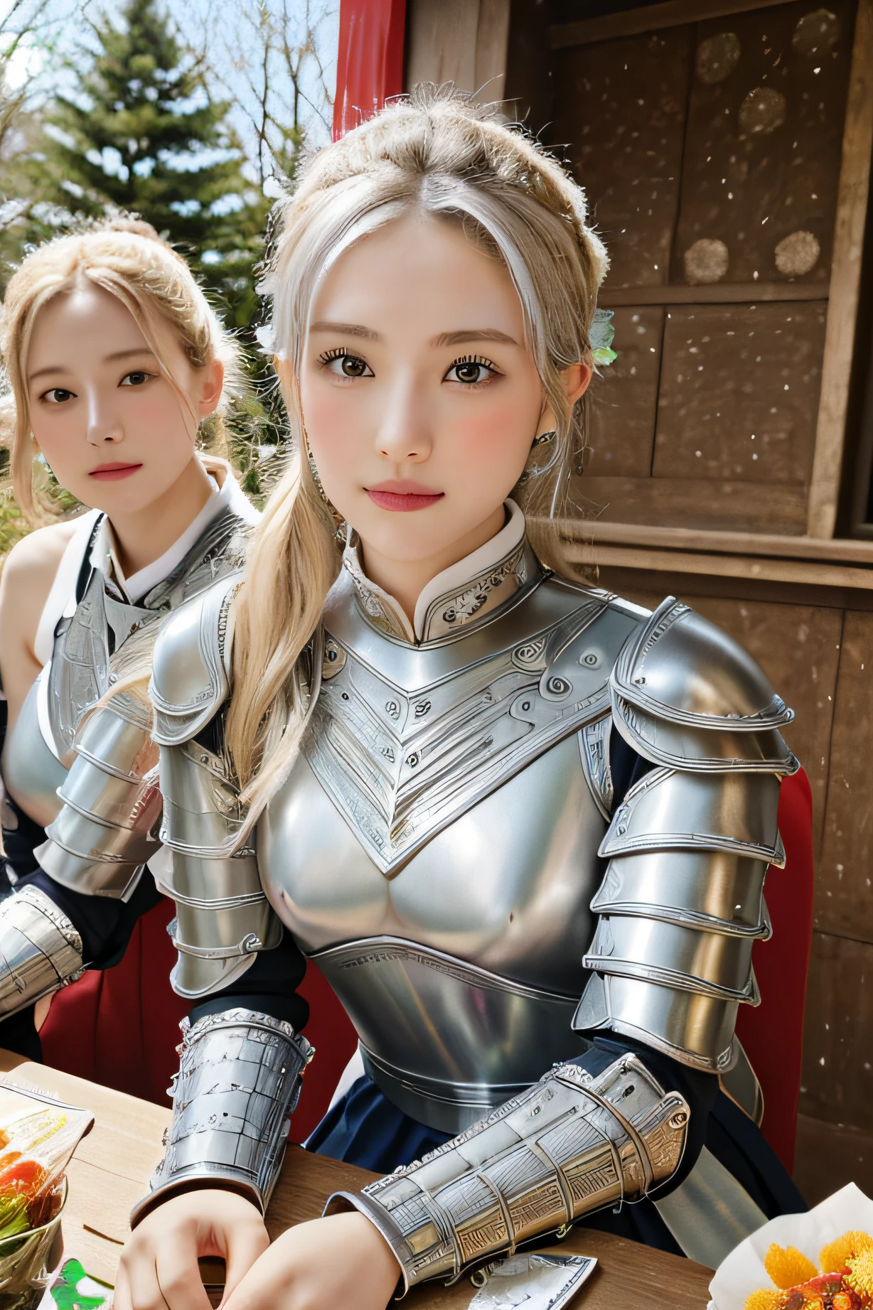 Three girls in uniform sitting at a table, japanese tv show, yoshitomo nara and aya takano, ayami kojima and lyde caldwell, perfume, japanese maid cafe, shikamimi, sakimimichan, hime-cut, sakimichan, trending onstudio ghibli, Seifuku, けもの, (8K, best quality:1.2), (masterpiece:1.37), (photo, photorealistic:1.37), (ultrahigh-res), full body, walking pose, shot from front, slow motion, female paladin wearing the full body, (light silver armour:1.2),(ornately decorated armor), (insanely detailed, bloom:1.5), (highest quality, Alessandro Casagrande, Greg Rutkowski, Sally Mann, concept art, 4k), (analog:1.2), (high sharpness), (detailed pupils:1.1), detailed face and eyes, Masterpiece, best quality, (highly detailed photo:1.1), (long blonde Hair, ponytail,ecstatic:1.1), (young woman:1.1), sharp, (perfect body:1.1), realistic, real shadow, 3d, (temple background:1.2), (by Michelangelo), photographed by Canan EOS R6, 135mm, 1/1250s, f/2.8, ISO 400