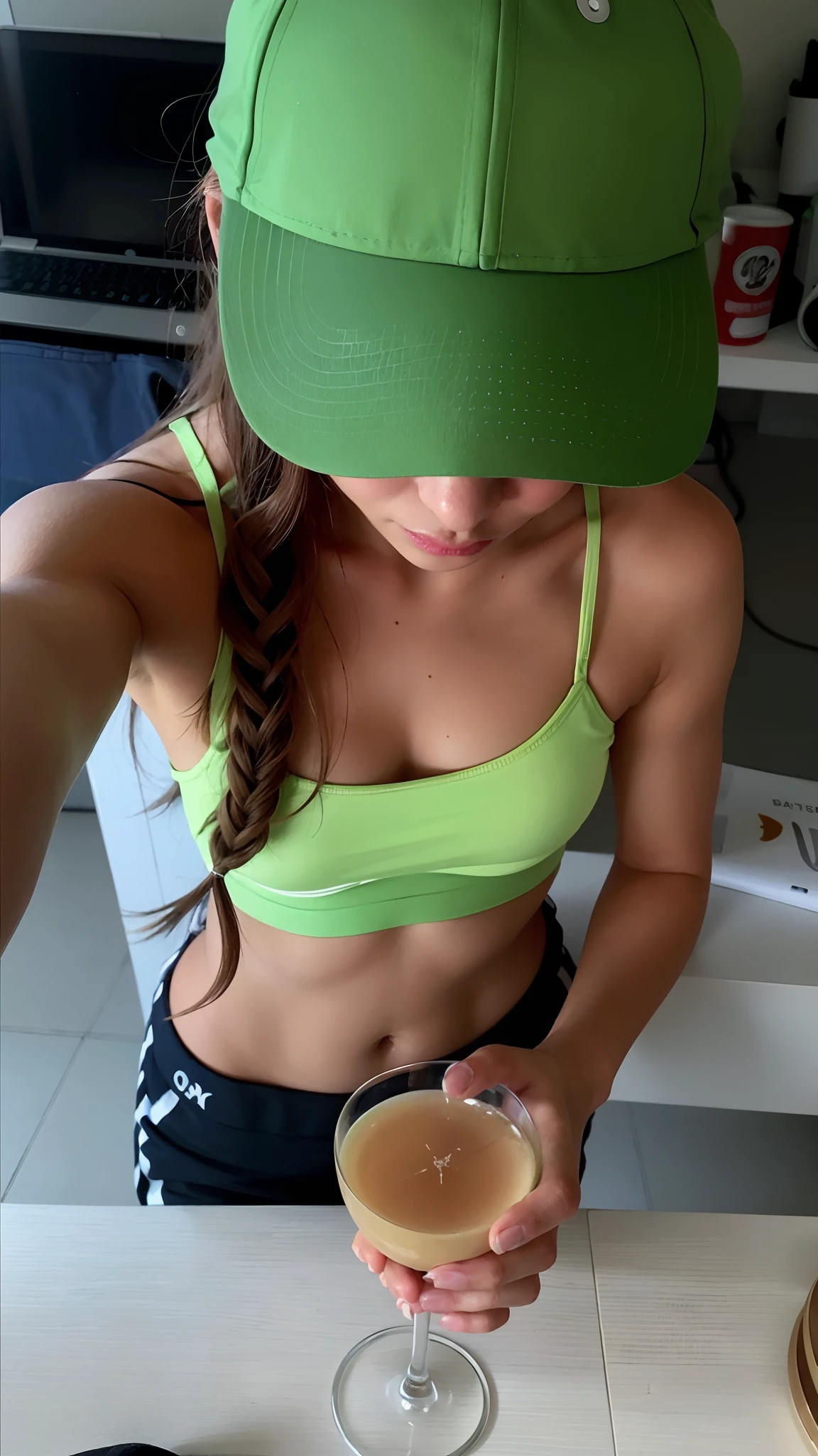 Beautiful woman arafed in a green baseball cap holding a glass of juice, Photo adjustment, green baseball cap, Esporte bom, imagem de perfil, green cap, Cottagecore!! corpo fitness, sport bra and shorts, malhar, Camisa de corte e abdominais fortes, sports bra, physical : tinyest midriff ever, brassier, em forma, with cap