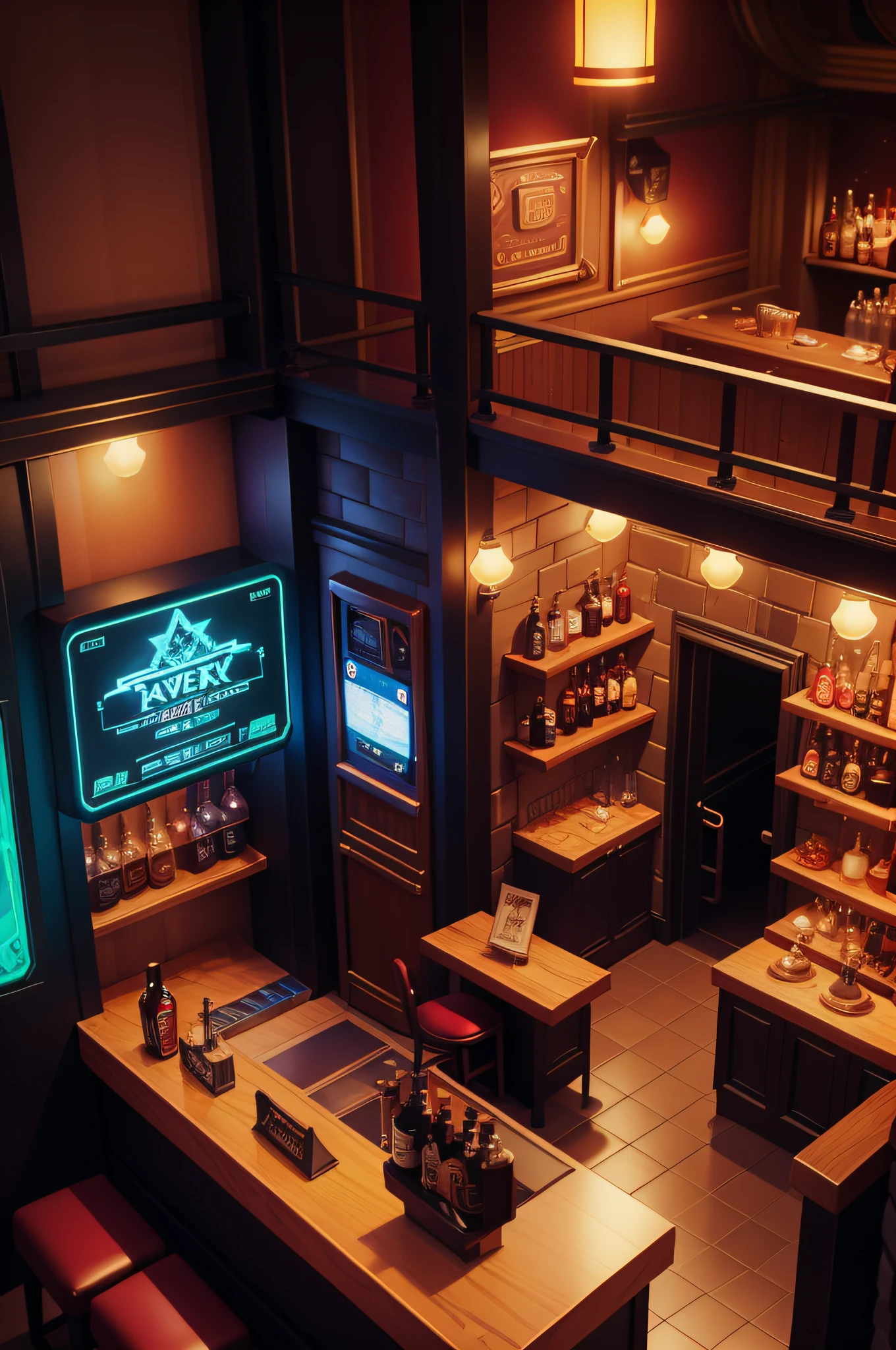 looking from above,90-degree perspective,Cyberpunk speakeasy background, diner background, Bar background, tavern background, Mobile game background, fantasy tavern background, lounge background, Showcase, personal room background, 1128x191 resolution, upscale restaurant,