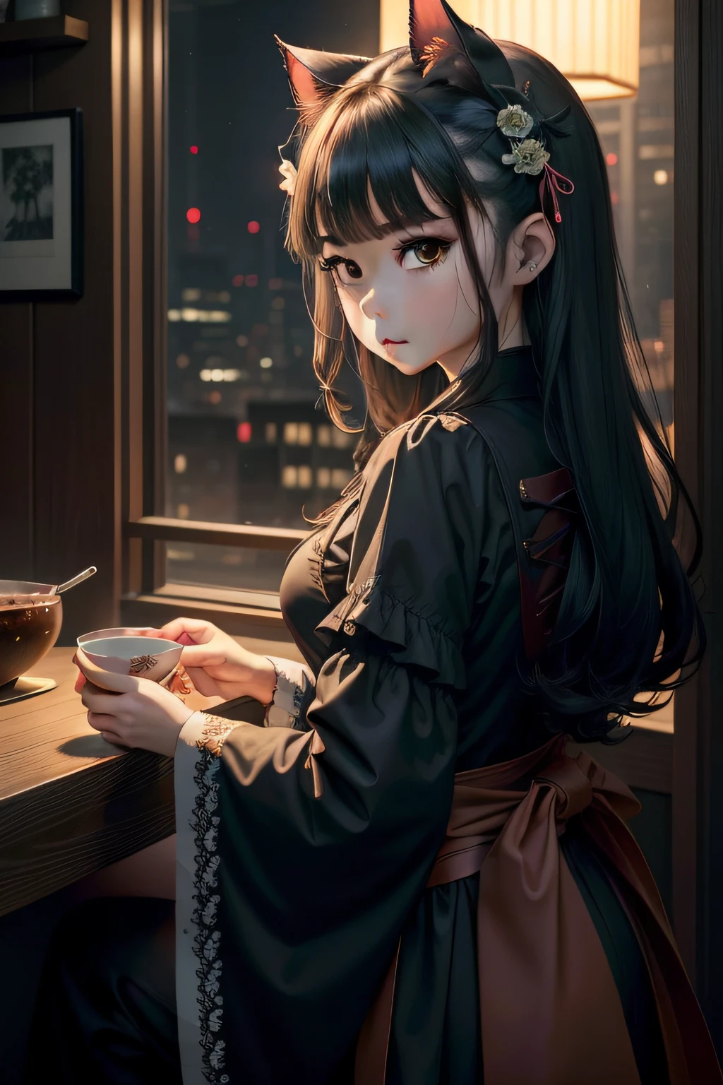 Top quality, Best quality, A high resolution, Masterpiece, Super high resolution, Detailed background, Casual interior,Hanfu cat woman holding knife Dark Gothic style Moonlight night girl light and shadow izakaya loli melon seed face in background Tea in hand Back of character The background is a high-rise building Don't hold anything in your hand Apron around waist Shy