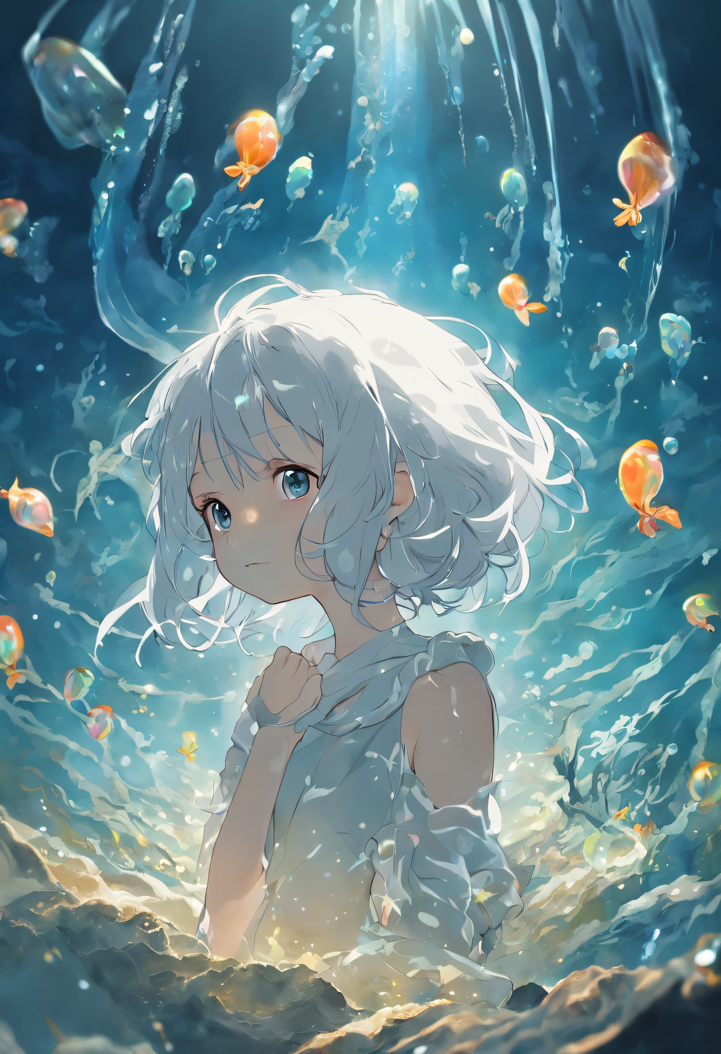 Undersea juvenile silver-haired shell house,Girl with short white hair,Flying strands of hair,Colorful bubbles,A plant,Sparkling,ocean floor,( reasonable design, Clear lines, High sharpness,Best quality, Very detailed, Masterpiece, movie light effect, 4K )
