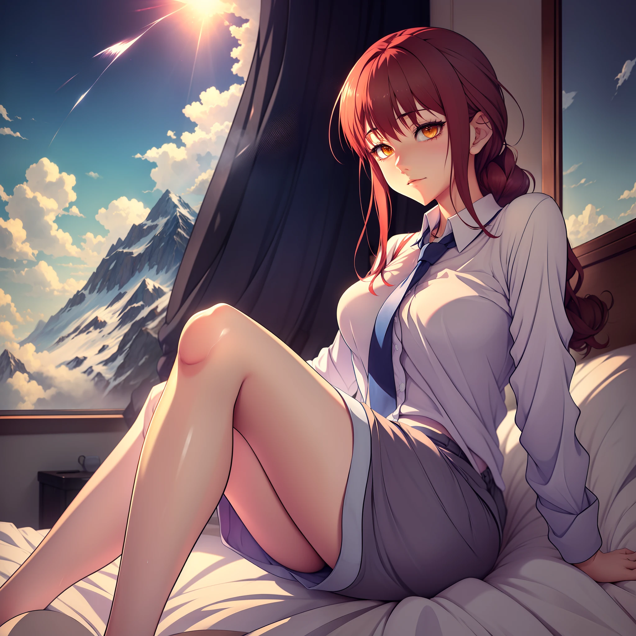 Anime girl in mountain, night, blue sky, Smooth Anime CG Art, lyin in bed, red hair, Anime. Soft lighting, 4k anime wallpaper, Anime art wallpaper 8k, Cute anime girl, relaxed poses, white shirt with tie, wet clothes, genius, Her eyes are yellow, with sitting red fox behind it