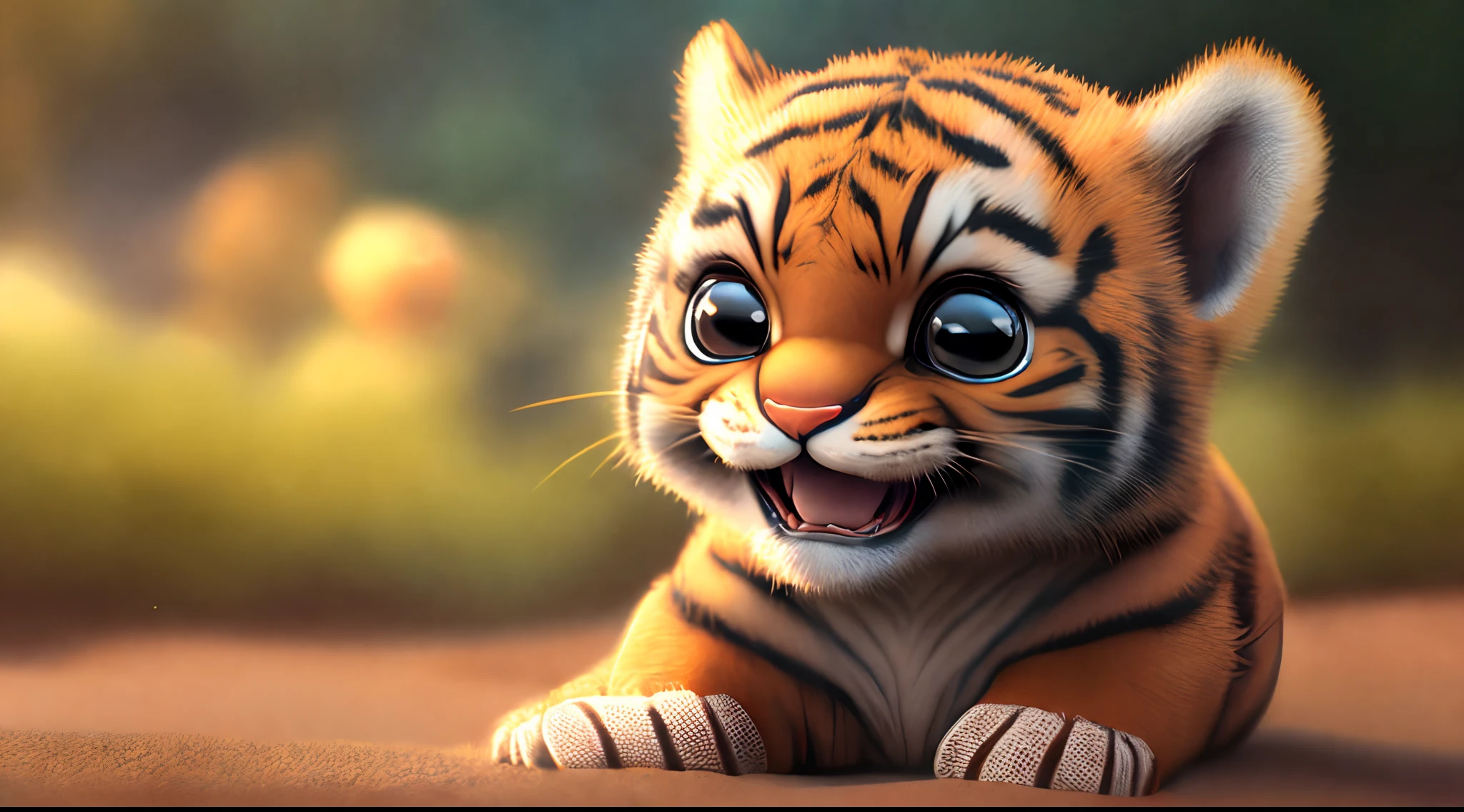one happy cute tiger , portrait, outdoors, background space, toon, pixar style, 3d, cartoon, detailed face, asymmetric, upper body