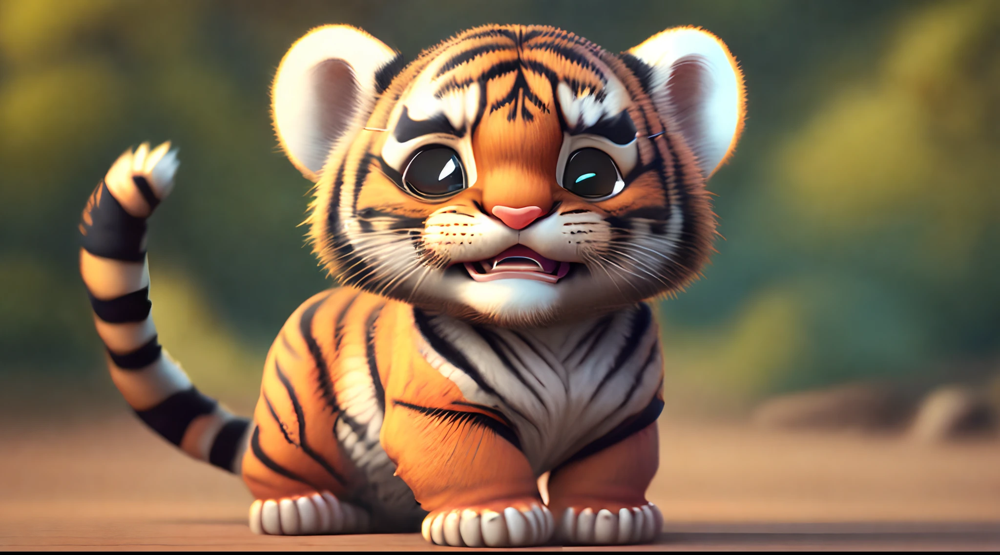 one happy cute baby tiger , portrait, outdoors, background space, toon, pixar style, 3d, cartoon, detailed face, asymmetric, upper body
