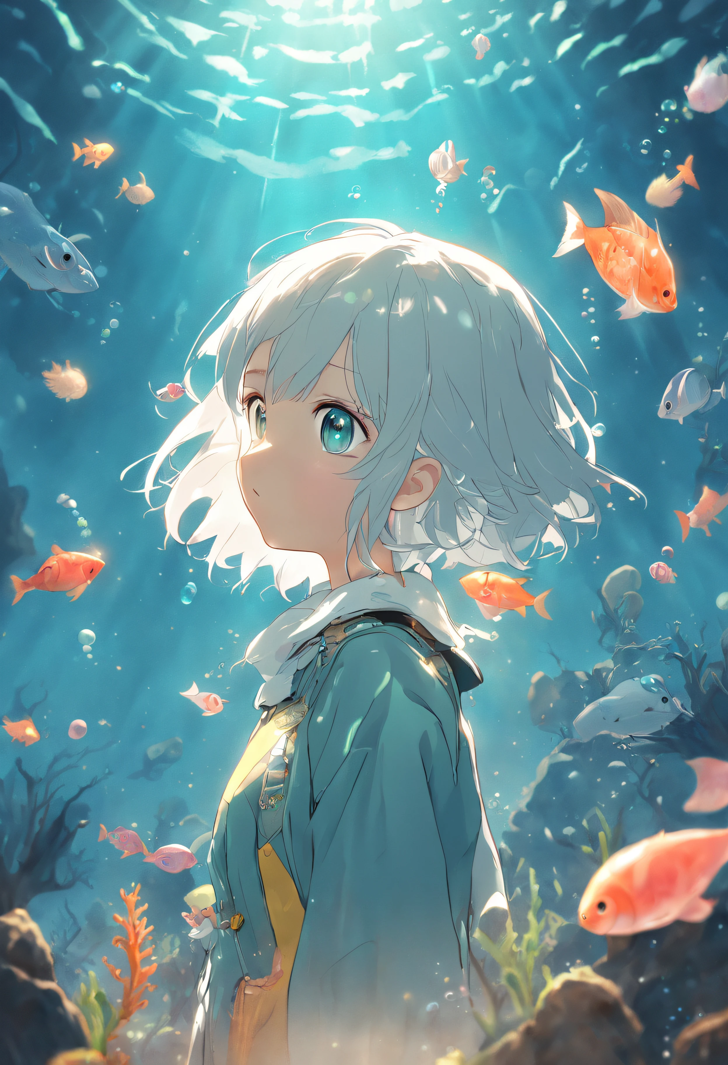 Undersea juvenile silver-haired shell house,Girl with short white hair,Colorful bubbles,a plant,Glowing small fish,Sparkling,ocean floor,( reasonable design, Clear lines, High sharpness,Best quality, Very detailed, Masterpiece, movie light effect, 4K )
