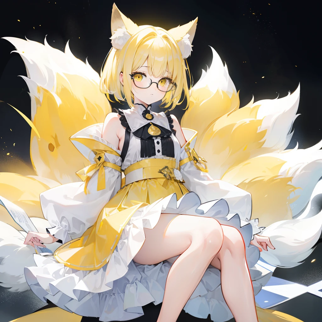 short detailed hair,Fluffy light orange,Wear a white and orange fluffy skirt,It has orange fox ears,Black extra-thick-rimmed glasses,Wearing knee-length white silk,panties visible, This is a cute loli girl
