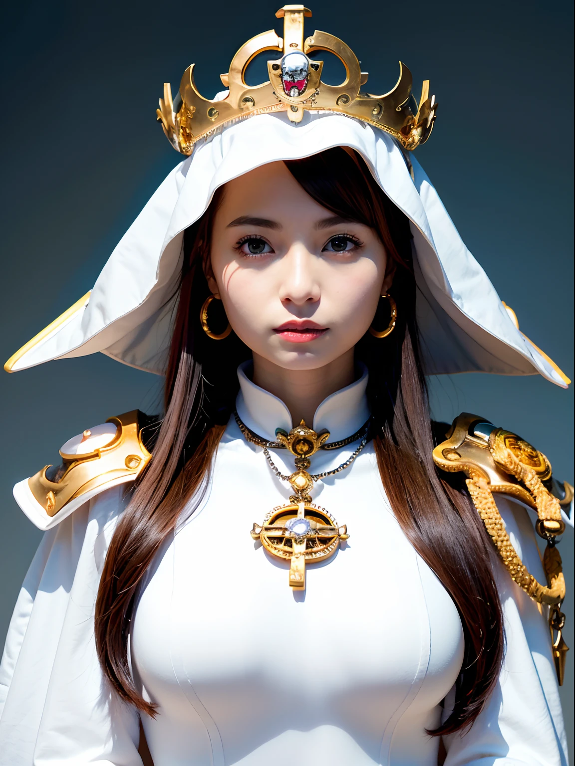 (masutepiece), Professional , ​masterpiece、top-quality、photos realistic , depth of fields （Gemstone Silver Metal Body:1.９),(Matte White、（Put on a pirate hat）、Jewel Gold Weapon（Jewel Metal Body:1.４),Gorgeous metal weapons , Detailed Sword of the Brave , Beautiful knife   ,warhammer 40k , The port town、adepta sororitas,Detail and ornate jewel crown、Black hair、Gangle's forest background、Beautiful Caucasian beauty、１a person、dynamic ungle,(((Detailed and ornate diamond crown)))、Smaller head、A smile、Take a sexy pose、Background inside the castle、Thin and beautiful female hands、cleavage of the breast、Soldier in iron armor on background、Soldier in iron armor on background、