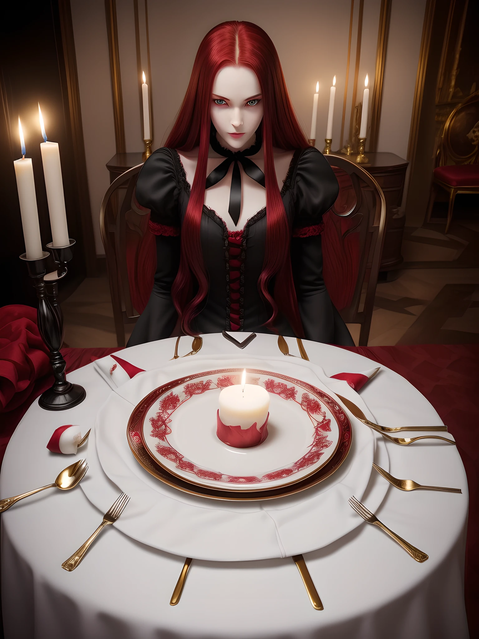 (Vampire、(Fair skin)、(Snow-white skin)、long red hair、Jet black dress、eyes glowing red、red pupils、Golden Eyes、ruthless look、The smell of blood、Beautiful figure、Perfect Style、Skinny Legs)、dinner party、Candle lighting、Long Table、White tablecloth、Tableware placed on the table、Neck of a person on a dish