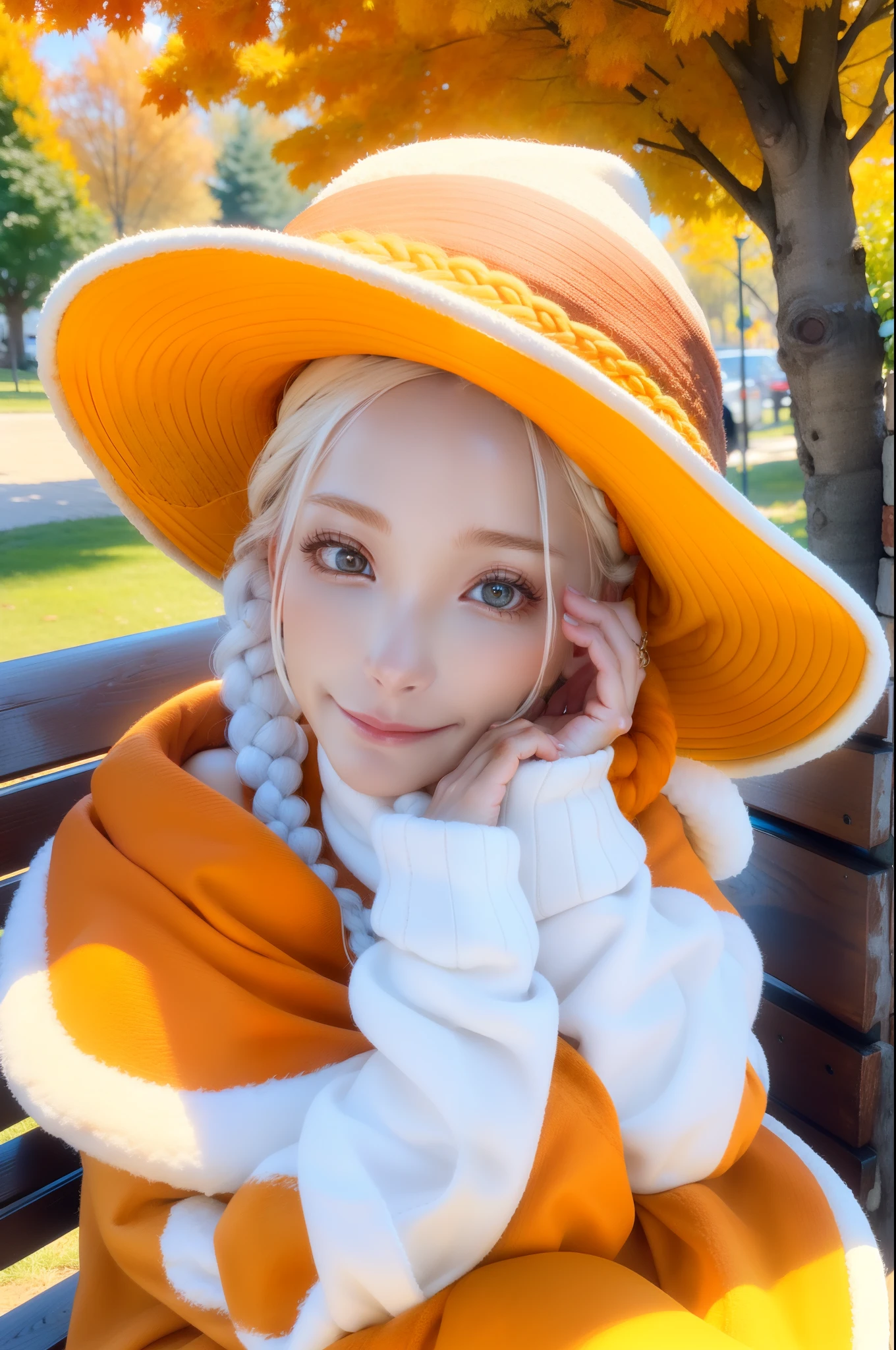 A woman with white braids peeking out from under her orange wool hat sat on a low painted bench, photorealistic, 8k, close up, close portrait, autumn season, warm colours, perfect hands, nice hands