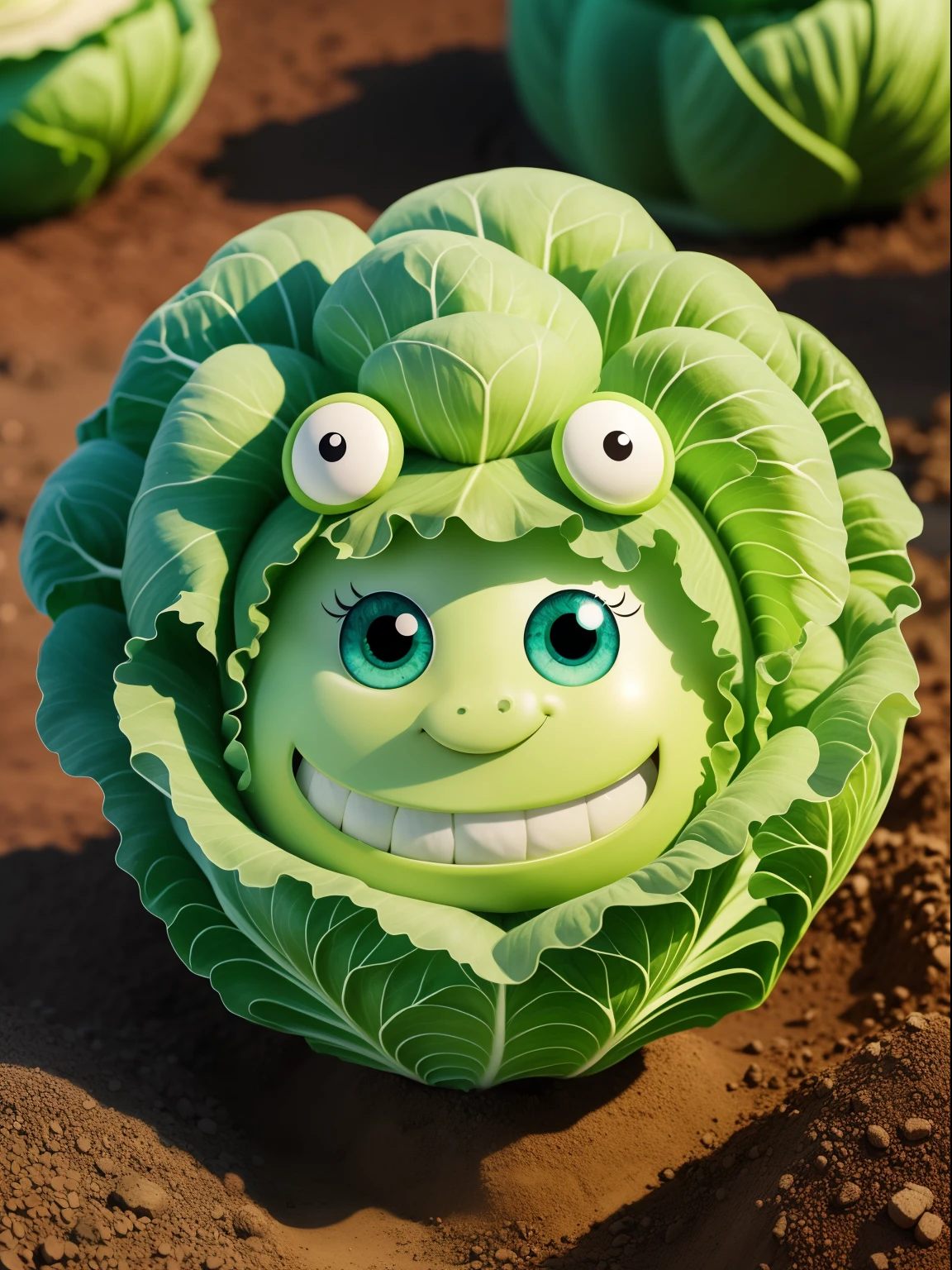 It is made up of cute cabbage that grows in the ground，largeeyes，grin face，Dumb cute，Animate，upscales，