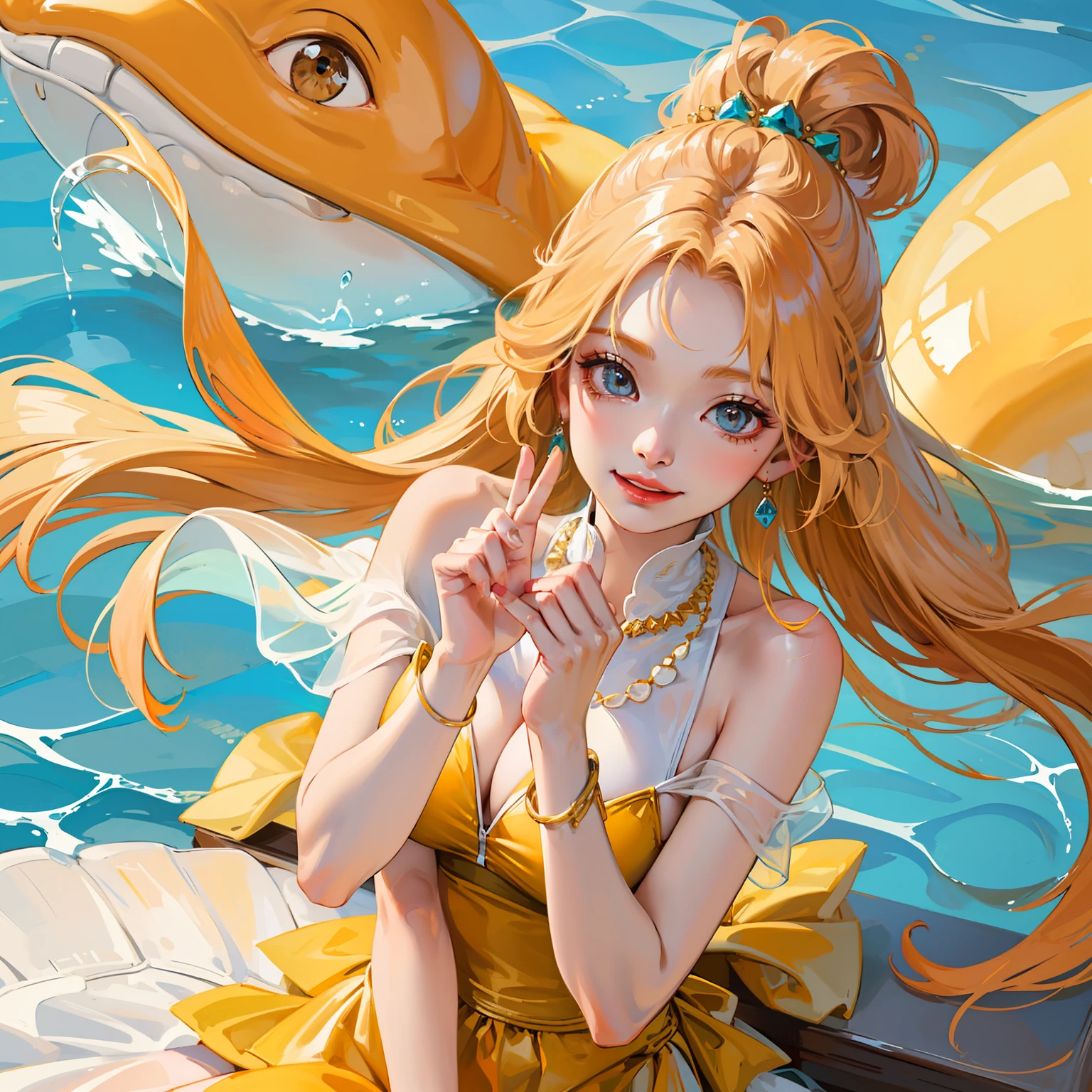I am wearing a very beautiful brightly colored dress...、Hair is shiny、a very beautiful woman、eyes double big and cute、Bust is D cup、High image quality, High quality、Detailed background、Glittering background、The inside of the eye shines like a diamond、4 fingers, 1 thumb、High image quality、Detailed female face、Smile、Very beautiful and cute woman、Gold Hair Jewelry、a blond、Background is Hawaiian poolside、Sitting by the pool、White see-through clothes、No exposure、The pupil is orange like a diamond、Playing with dolphins、Beautiful splash background