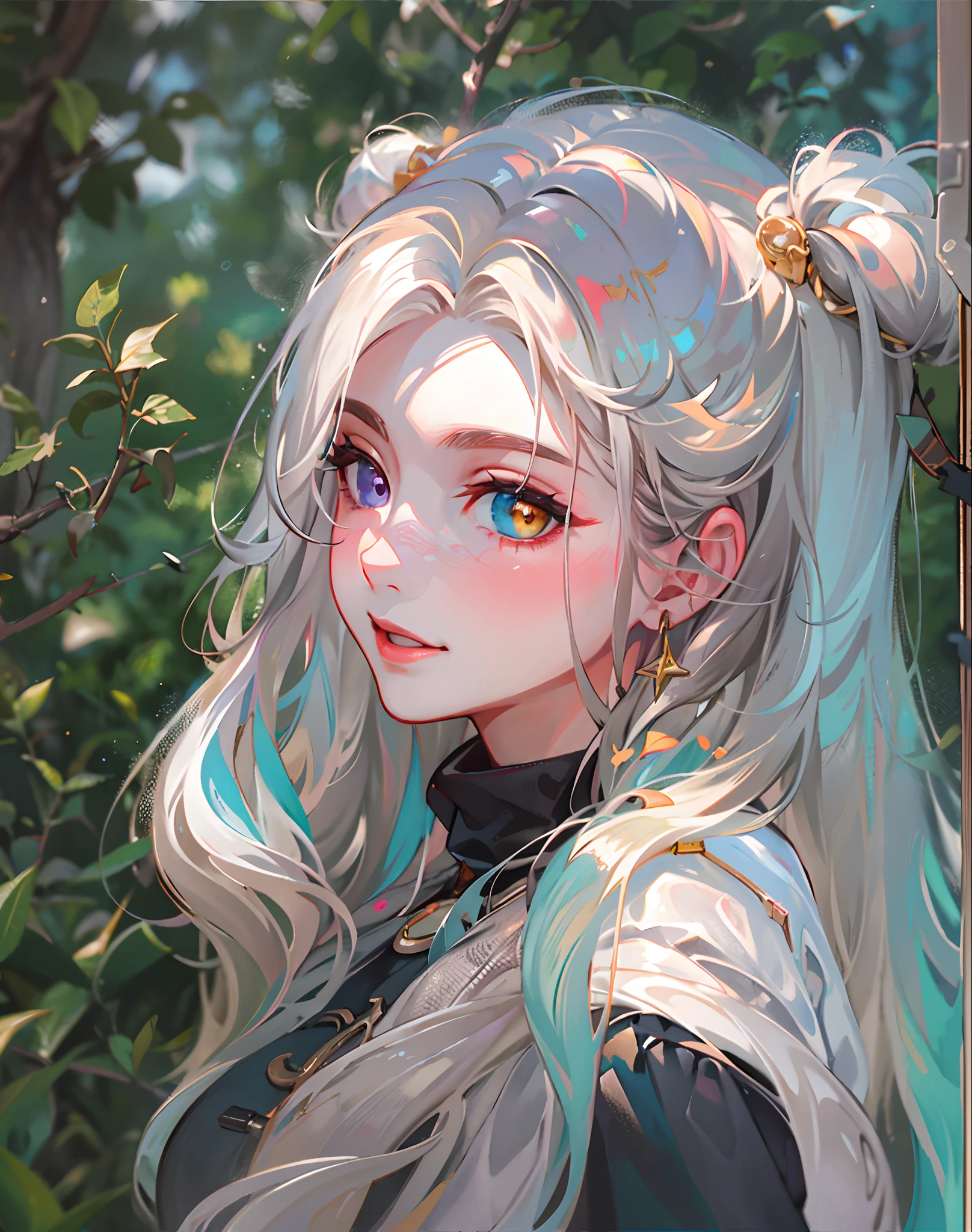 {{Masterpiece}}，Best quality at best，Very detailed CG unity 8K wallpaper，电影灯光，lens flare glow，beatiful detailed eyes，black in color，side looking，multicolour hair，Colorful light，particulate，Heterochromia，（a color：1.5），（The color hair:1.5),perfect bodies，Perfect face，fashionable attire，clothes see-through，There is light in the eyes，Colored shiny spots，Bright eyes，Smile sweetly，Blushlush