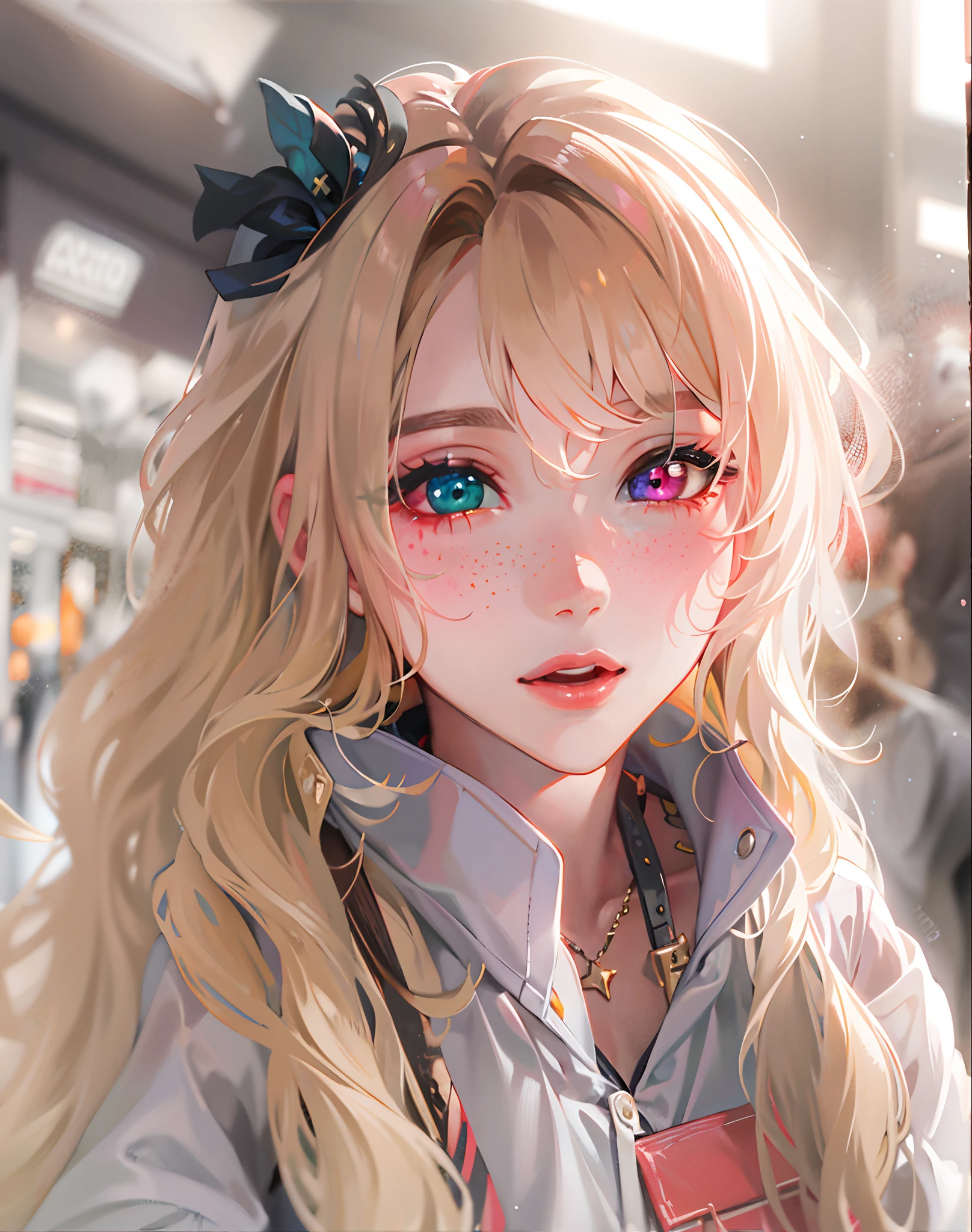 {{Masterpiece}}，Best quality at best，Very detailed CG unity 8K wallpaper，电影灯光，lens flare glow，beatiful detailed eyes，black in color，side looking，multicolour hair，Colorful light，particulate，Heterochromia，（a color：1.5），（The color hair:1.5),perfect bodies，Perfect face，fashionable attire，clothes see-through，There is light in the eyes，Colored shiny spots，Bright eyes，Smile sweetly，Blushlush