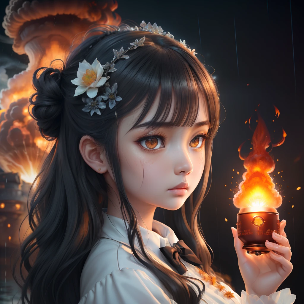masutepiece,Best Quality, Illustration,{Beautiful detailed girl},Beautiful detailed glow,(flame of war:1.2),(nuclear explosion behide:1.3),Rain,Detailed Lighting,detailed water,(Beautiful detailed eyes:1.1),deadpan,palatial palace,Azure hair,disheveled hair,Long bangs,hairs between eyes,(whitegrey dress:1.1),a black ribbon,white bow ties,Midriff,big forhead,blank stare,flower,Long sleeves