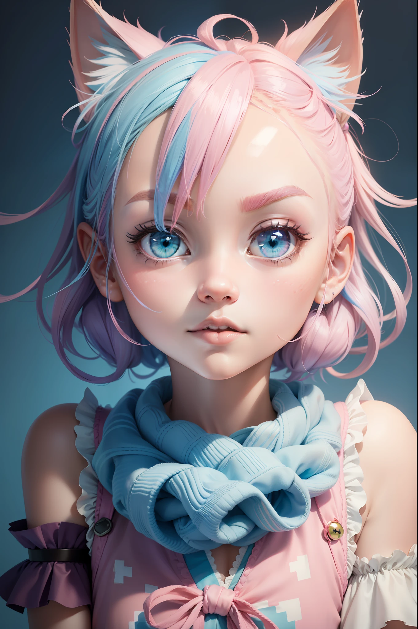 blue background, pink hair, light pink hair, pixel art, mascot, humanized cat face, cute style, kawaii style