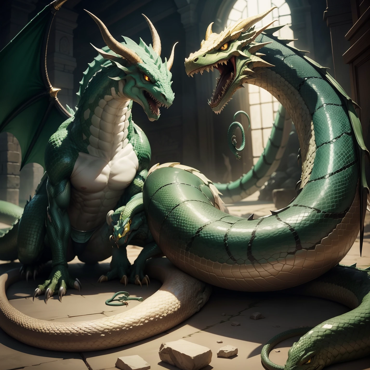 ((((A very obese emerald-colored dragon, dragon facing backwards, Emerald scales, feral, on all fours, tail up, excessive urine)))), Wild ferocious dragon, Spiky scales all over the body, A glittering silver mane, Very short legs, Screaming facial expression, Roaring dragon face, Backward body, Reptile Eyes, Longitudinal pupils, A body covered with a lot of fat, Abnormally obese head, A lot of fat on the neck, A belly so obese it covers the ground, Fat gap, Abdomen swollen enough to touch the ground, A huge, mountain-like swollen abdomen, Abnormally fat arms, Overweight and flabby legs, A body that seems to be crushed by a huge abdomen, A body that fills the screen, Rubble background, All fours pose, Wet scales all over the body, Soaking wet, ((((feral, pov, duo, doggystyle, double penetration, from behind, standing, hyper penis, perching position, anal urine, excessive cum, large insertion))))