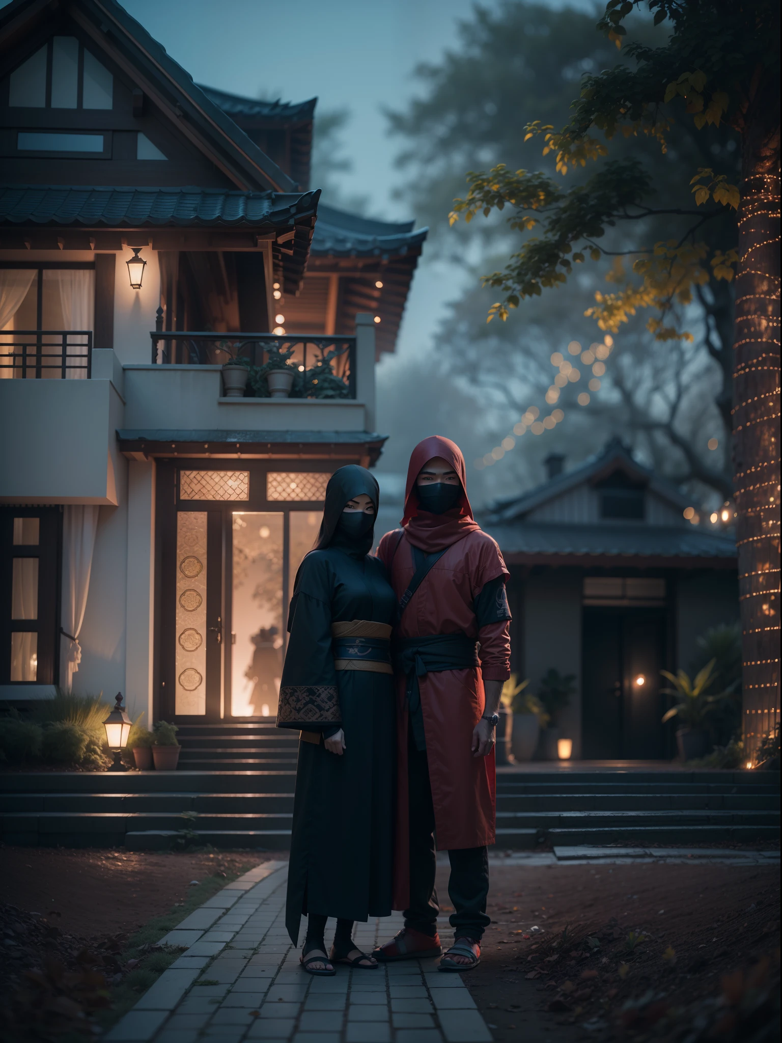 Ninja couple standing in front of the luxury house, 8K UHD, detailed clearity, detailed faces, capture with Sony Alpha A7, background bokeh, nightlights