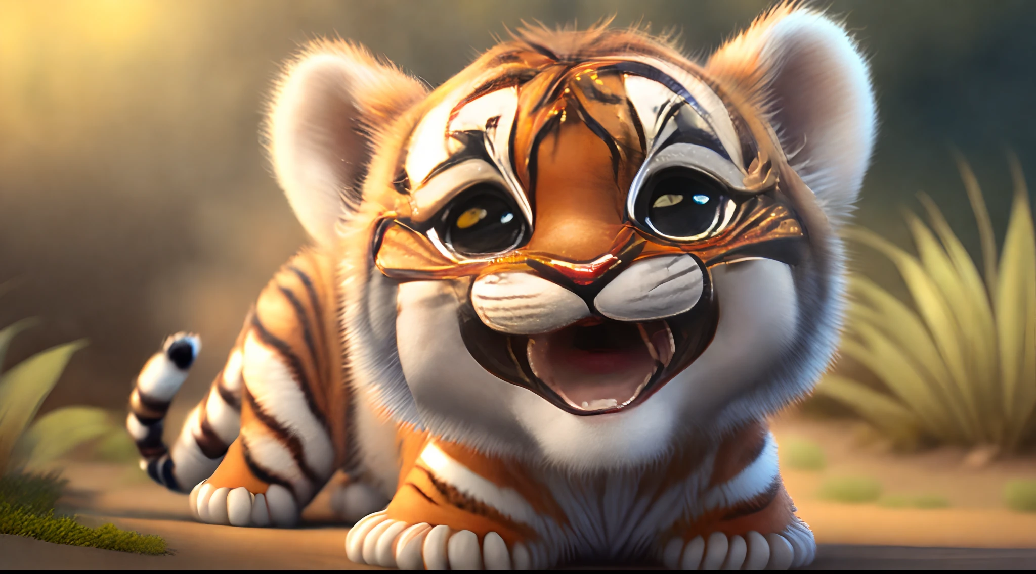 one happy cute tiger , portrait, outdoors, background space, toon, pixar style, 3d, cartoon, detailed face, asymmetric, upper body