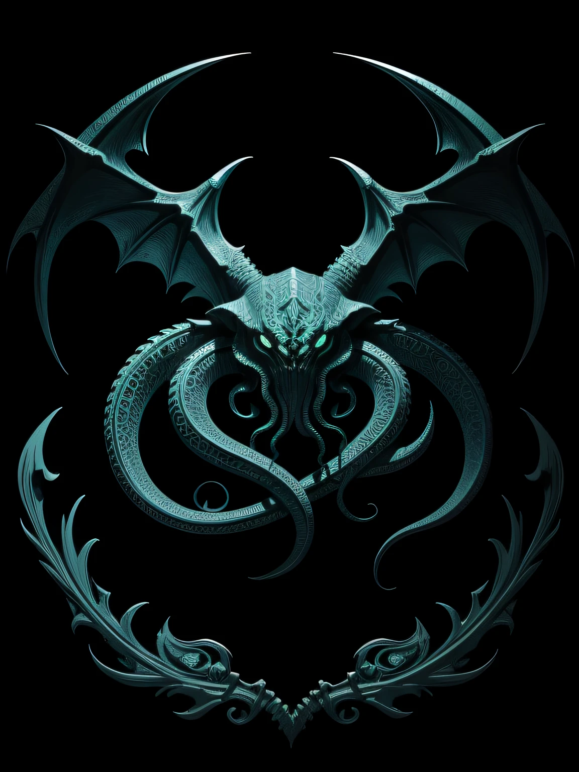 [cthulhu] Heraldic silhouette, logo masking style illustration, by dan mumford, by greg rutkowski, by james jean, black background, mysterious, fantasy art, realistic, majestic, rich vibrant colors, high contrast, seamless water brand, artstation, deviantart, dribble, redbubble, teepublic, sharp focus, simple, hyper detailed, detailed drawing, vectorize, outline, isometric style, 8k."