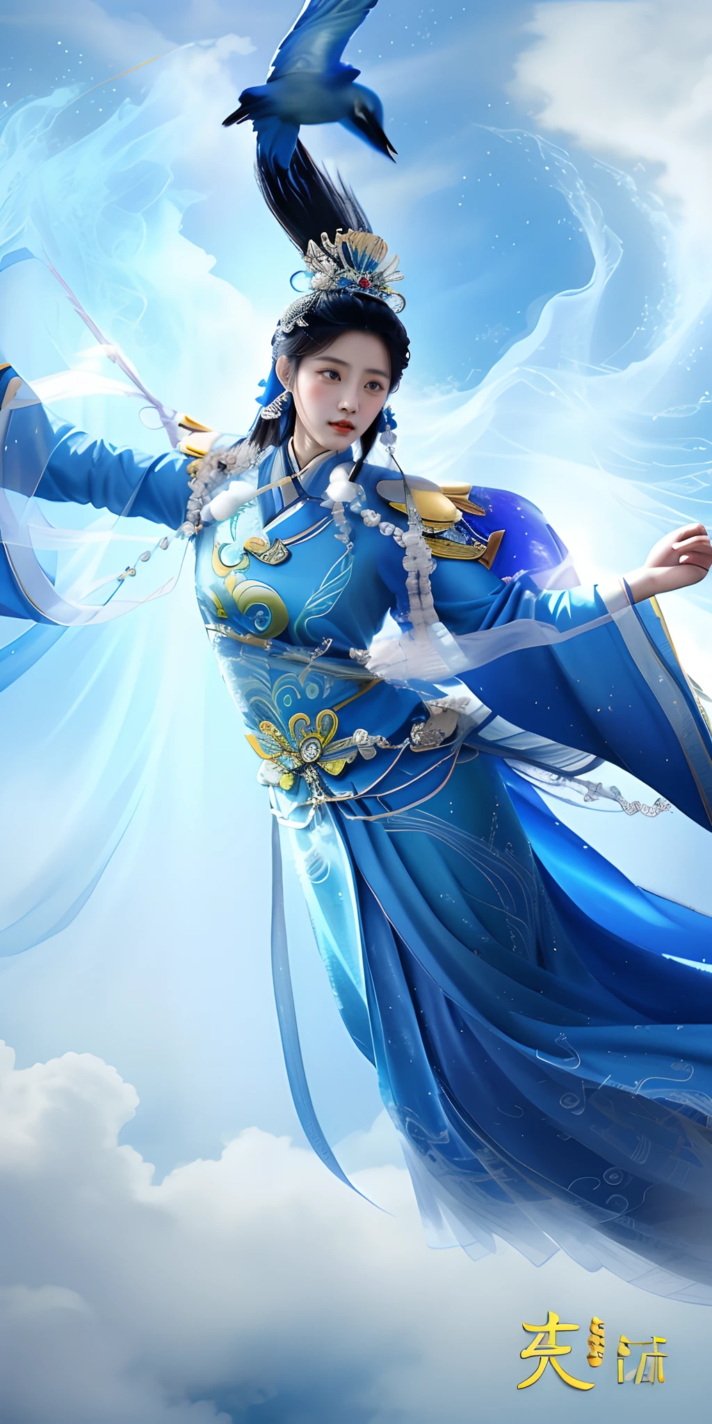 Chinese woman in blue dress flying through the air with a bird, xianxia fantasy, full-body xianxia, a beautiful fantasy empress, Inspired by Lan Ying, Beautiful celestial mage, Beautiful young wind spirit, queen of the sea mu yanling, inspired by Li Mei-shu, inspired by Ju Lian, heise jinyao, Asian Woman Water Elemental