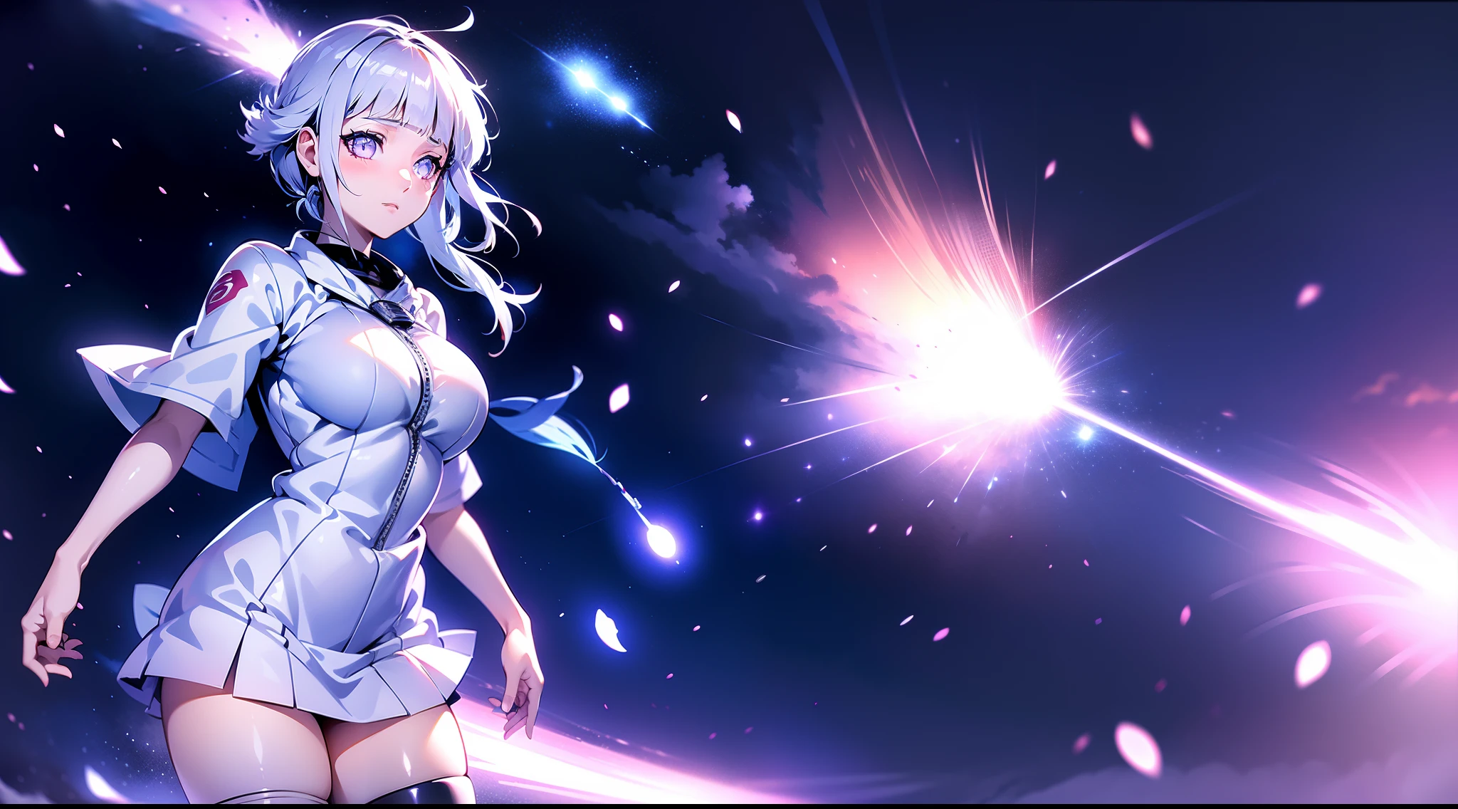 white color hair，Hinata Hinata，Wear a bandage outfit，Bigboobs，Long black stockings，are standing，starrysky，Light particles