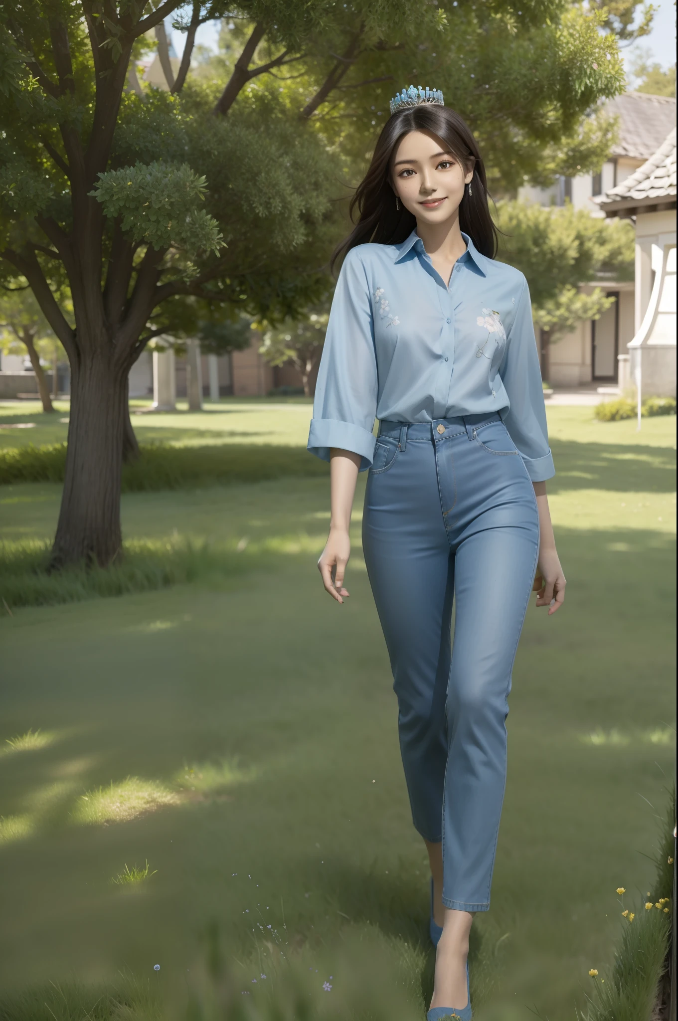 Ultra-high skin detail, Perfect facial details, black hair, big hair, clover hair ornament, mole under eye, light smile, (blue sky:1.3), A girl in a floral shirt and jeans dances in a tall patch of grass, The grass sways with the wind, Smile, Flowing hair, The sun shines on the hair, solo, There is a tree with a large crown in the background，(Long legs:1.2), Printed trousers, plump, head out of frame, projected inset, f/1.8, 135mm, Fujifilm, UHD, anatomically correct, textured skin, high details, award winning