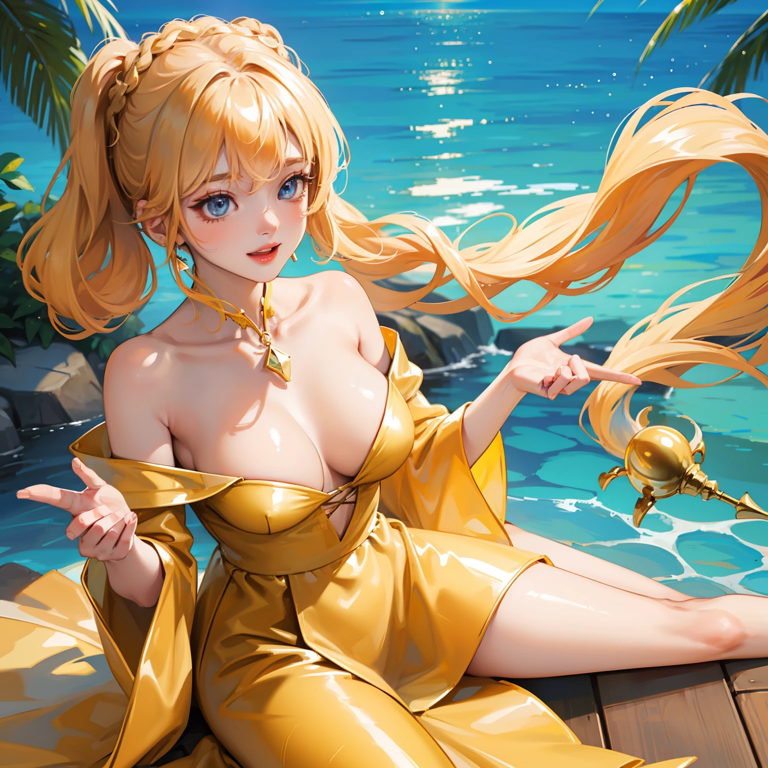 I am wearing a very beautiful brightly colored dress...、Hair is shiny、a very beautiful woman、eyes double big and cute、Bust is D cup、High image quality, High quality、Detailed background、Glittering background、The inside of the eye shines like a diamond、4 fingers, 1 thumb、High image quality、Detailed female face、Smile、Very beautiful and cute woman、Gold Hair Jewelry、a blond、Background is Hawaiian poolside、Sitting by the pool、White see-through clothes、No exposure、The pupil is orange like a diamond、Play with light blue dolphins、Beautiful splash background、Background of soap bubbles flying