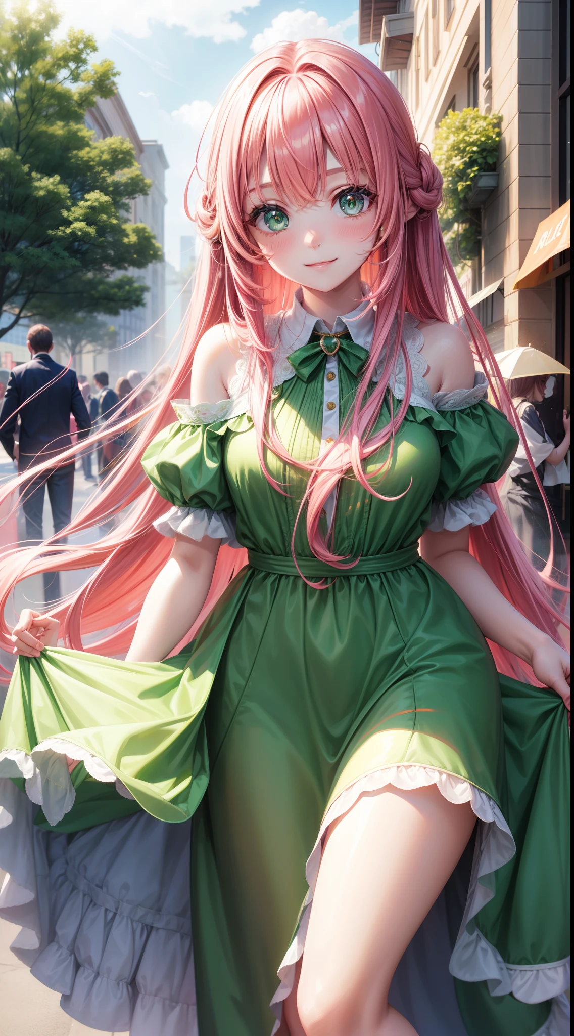 young girl, long pink hair, Green eyes, Green Light Dress, ssmile, Masterpiece, hiquality