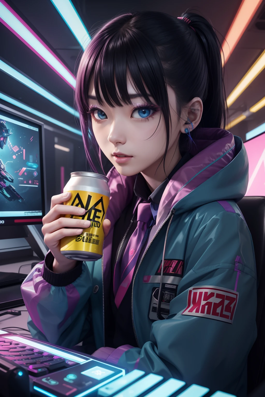 8ｋ、high-level image quality、One man、Systems Engineer、Overtime、energy drink、energy drink、Neon Street、toyko、s Office、personal computers、keyboard、Cable cyberpunk、vivd colour、Shadows are bright colors、Clear Expression、Clear eyes and nose、Salarymen、office worker、Near future、Surrounded by liquid crystals、toil、Neck tie、jaket、Clear contour lines、8K、Clear facial parts、face clearly visible、An employee ID card around your neck、Anime touch、Comic style、the number、Electromechanical、Acrobatic system、Movie poster style、vivd colour、Popular design、merchant、Shadows are bright colors、energy drink、Canned energy drinks are scattered all over the place、The capsule-type drug is placed on the tongue、Capsule-like drugs are scattered、trippy colors、psychopath、The halo points to、God、Deities々right、The entire screen is vividly colored、Clown makeup