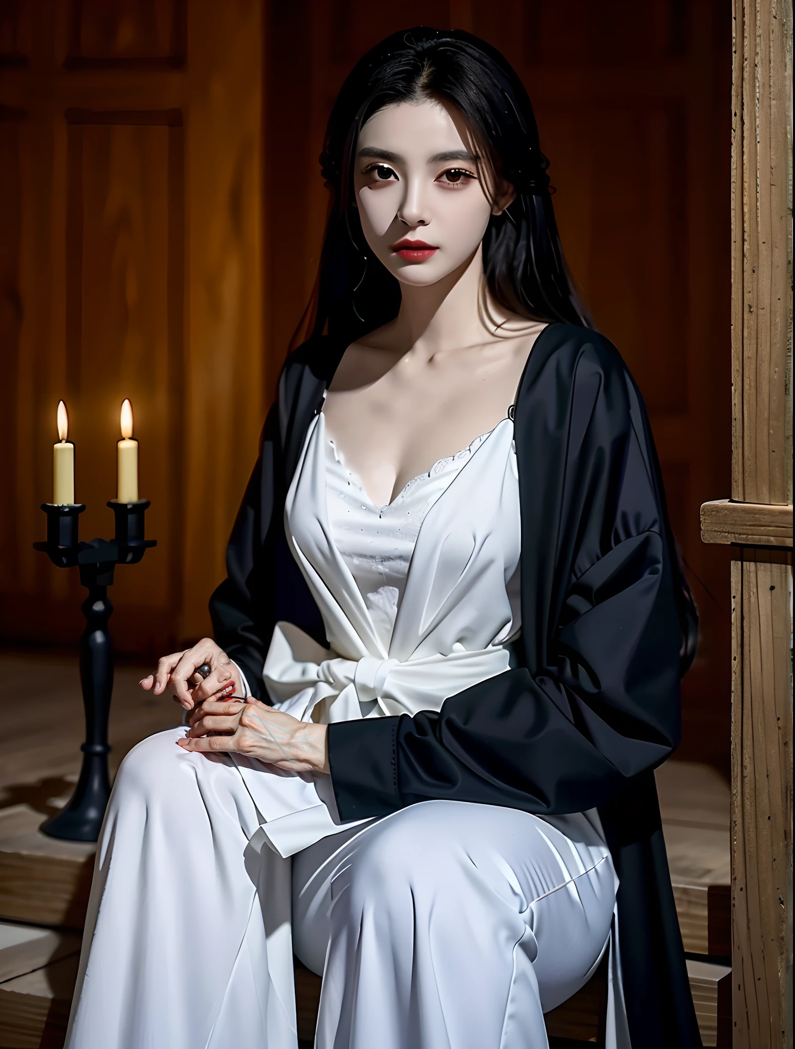 qualidade de obra-prima,8K分辨率,a woman vampire,Black medieval castle,Perfect look,A woman's pupils are bright red,The lips are black,Has very pronounced fangs