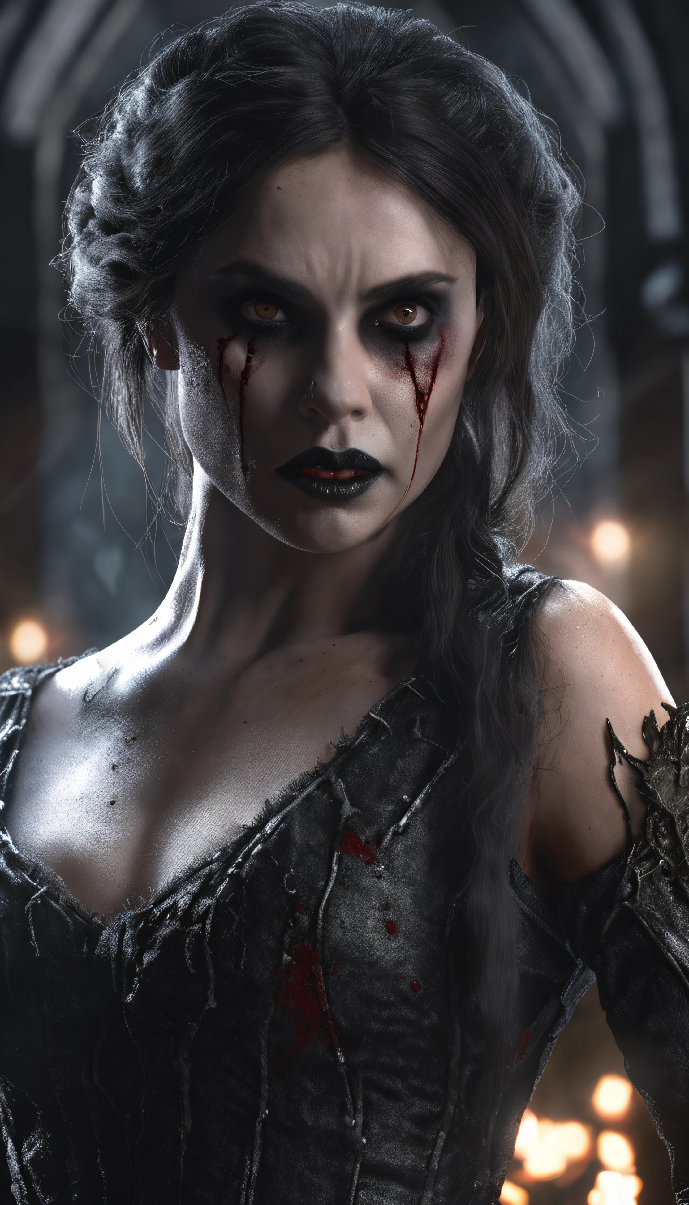 cinematic photo score_9, score_8_up,score_7_up, score_6_up, score_5_up, score_4_up, 1girl, skyrim, holding axe, scar, dramatic lighting, looking at viewer, vampire, (grey skin:2), showing fangs, abandoned dungeon, particles, ragged shirt, . 35mm photograph, film, bokeh, professional, 4k, highly detailed