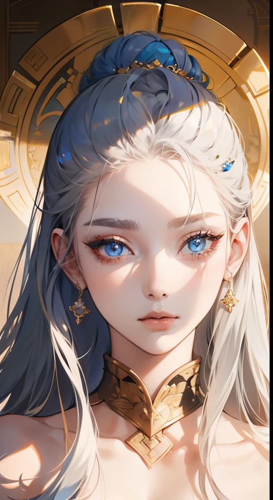 Silver-haired woman、busts、de pele branca、Left and right symmetrical eyes、A detailed eye、Shining sky blue eyes、Gold hair ornament、Mosaic pattern background、spot light、highcontrast、Striking shading、Detailed shading、Perfectly crafted work、​masterpiece、top-quality、Top image quality