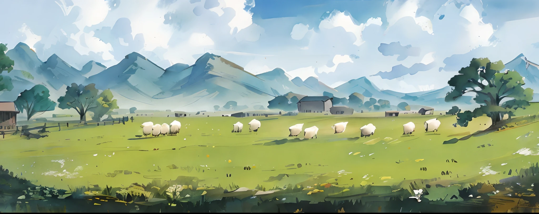 Prairie scene,There are a lot of flocks,The vista is the sky,ink wash style