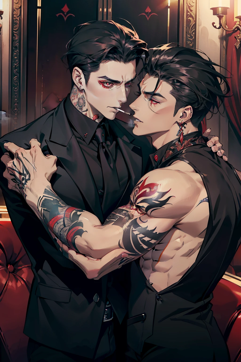 Mafia Noir Gambling Casino Vampire dominant alpha gay couple macho sexy handsome demon old men with tattoos big chest big abs slicked back hairstyle smoking red eyes charisma goth perfect face structure detailed stylized ((tattoo body)) ((handsome male couple)) ((men kissing))