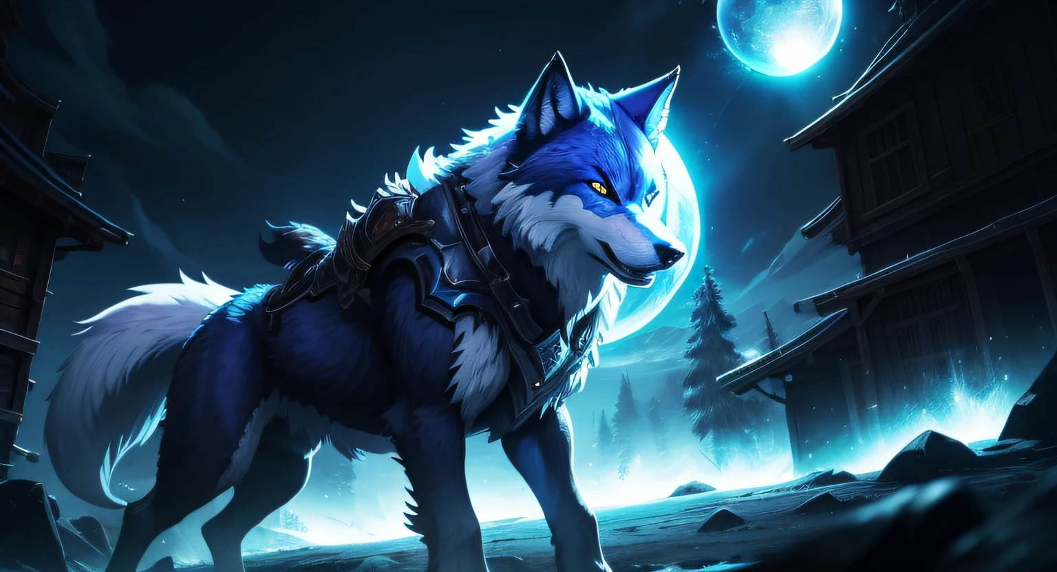 Blue Wolf in anime style,A wolf looked fiercely at the camera,There is a glowing sphere in the background, Mobile game art, background artwork, Detailed game art, koda kazuma, high detailed official artwork, Official artwork, Game art, Mobile game background, Game illustration, arte de fundo, wolf o'donnell, amazing wallpapers, Game art!!, Official Splash Art, ultra detailed game art, fenrir