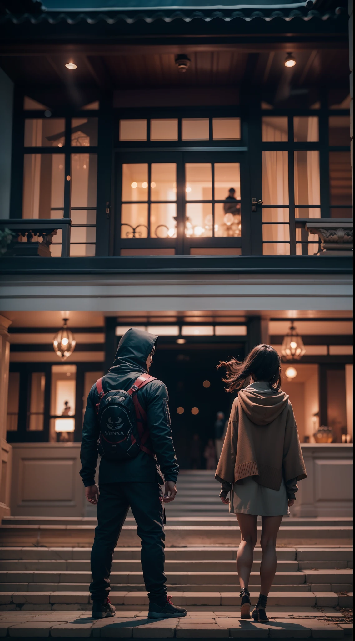 Ninja couple standing at front of the luxury house, , detailed clearity, detailed faces, capture with Sony Alpha A7, background bokeh, nightlights, 8K UHD