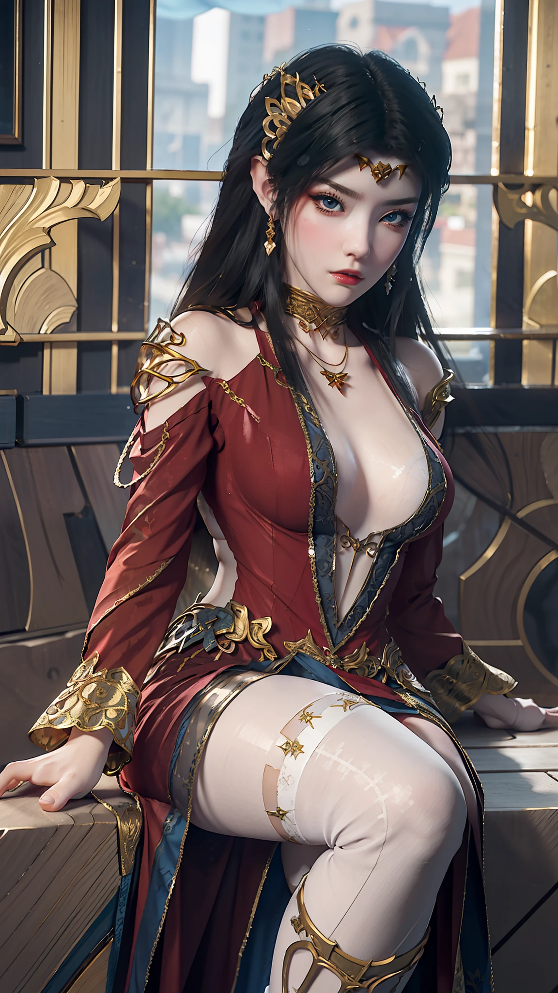 Arad woman in blue dress sitting on windowsill, cute anime waifu in a nice dress, trending on cgstation, 8K high quality detailed art, anime barbie in white stockings, highly detailed exquisite fanart, Extremely detailed Artgerm, the anime girl is crouching, flowing magical robe, beautiful and seductive anime woman, WLOP and Sakimichan