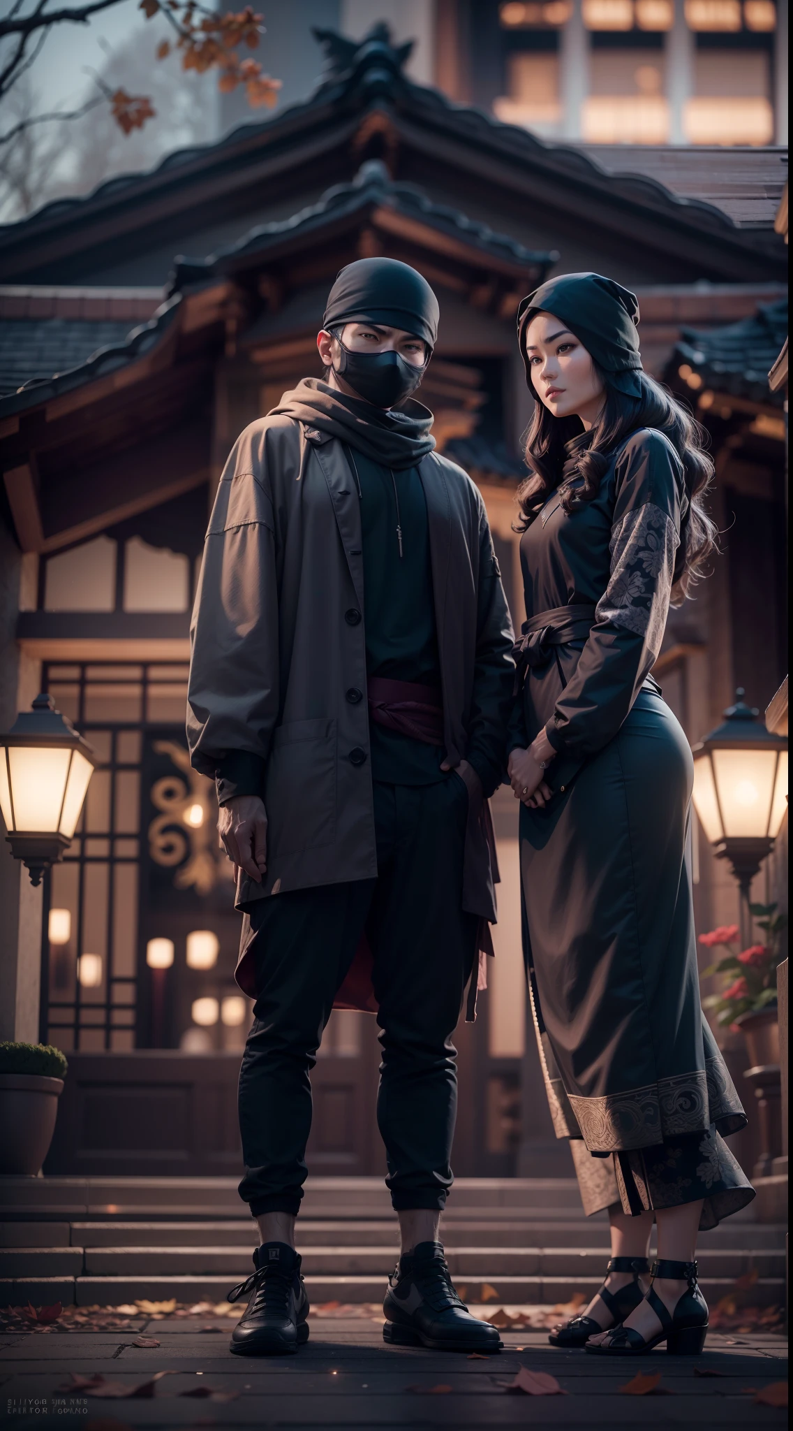 Ninja couple standing at front of the luxury house, , detailed clearity, detailed faces, capture with Sony Alpha A7, background bokeh, nightlights, 8K UHD