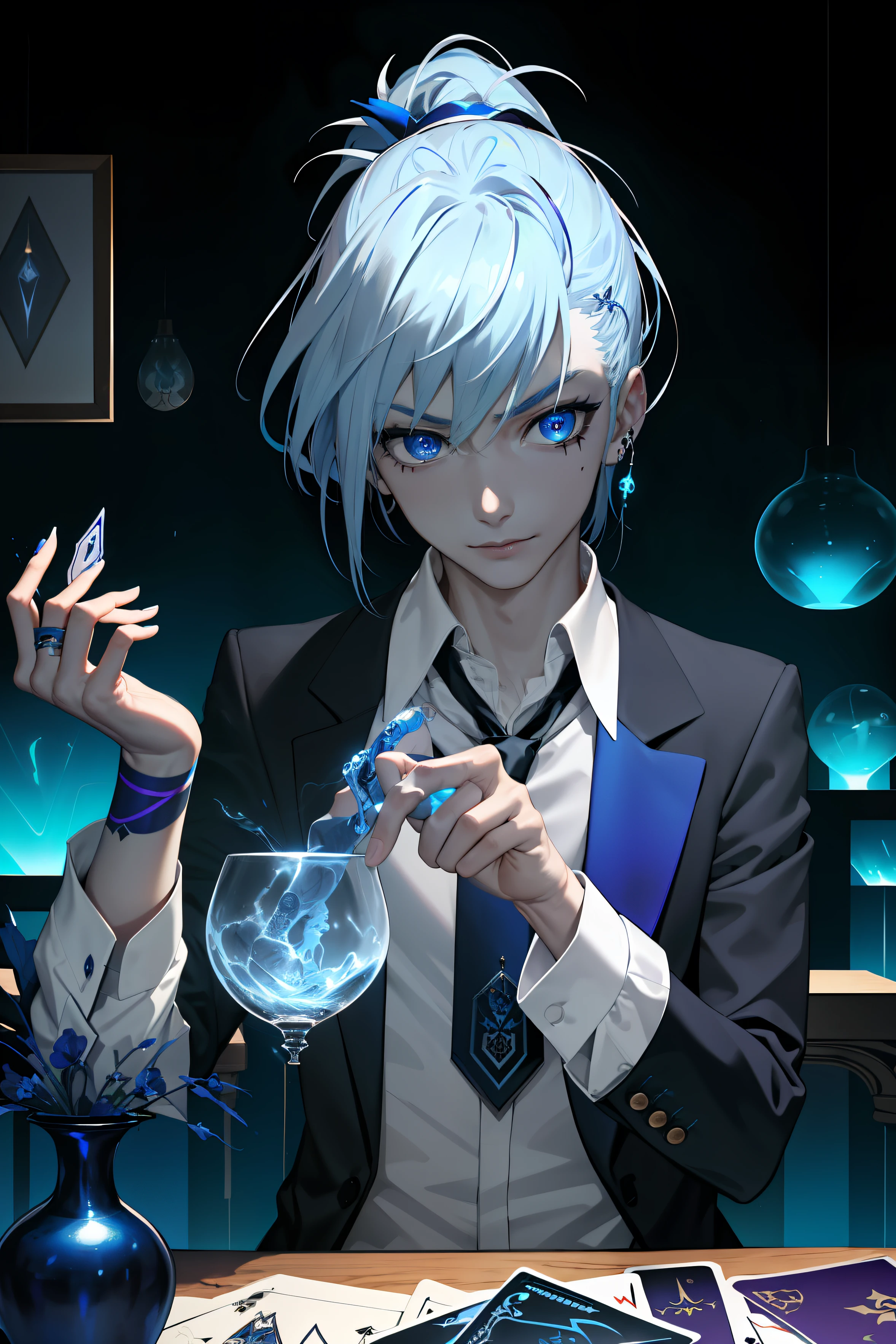 masterpiece, best quality, high quality, 1boy, solo, male focus, looking at cards, glowing neon joker cards on table, hand on face, holding neon cards, aguero_agnes_khun, blue hair, blue eyes, multicolored hair, ponytail, black vase suit , sleeves rolled up, loose tie, tattoos everywhere on body, smirk, blue and silver energy surrounding him, mysterious blue aura, Hyper Detailed